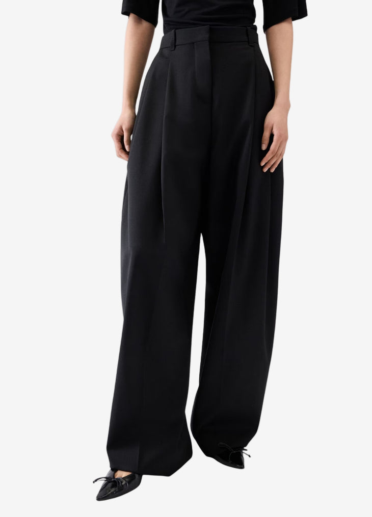 Person wearing black wide-leg pants on a white background