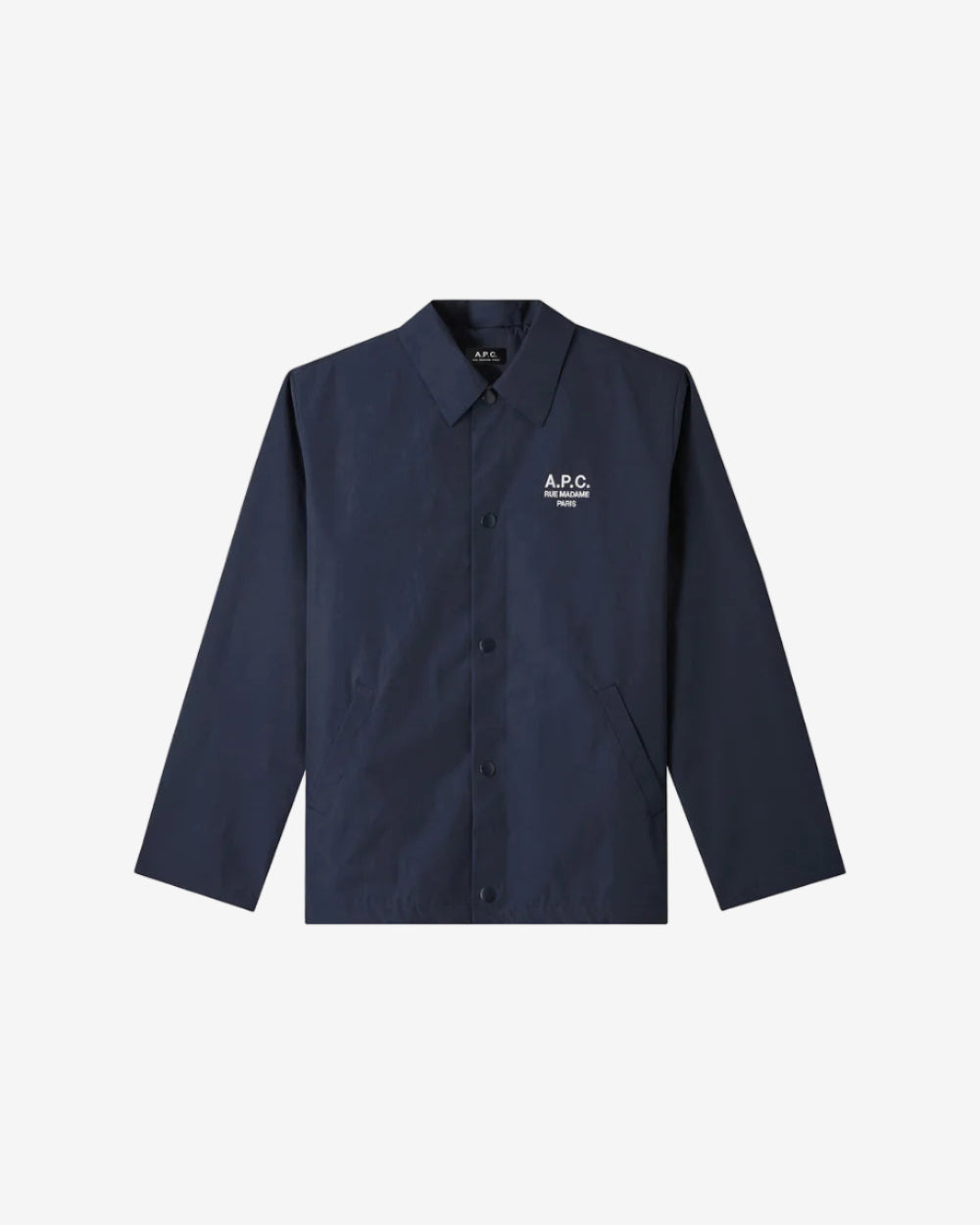 Navy blue shirt with a brand logo on a light gray background