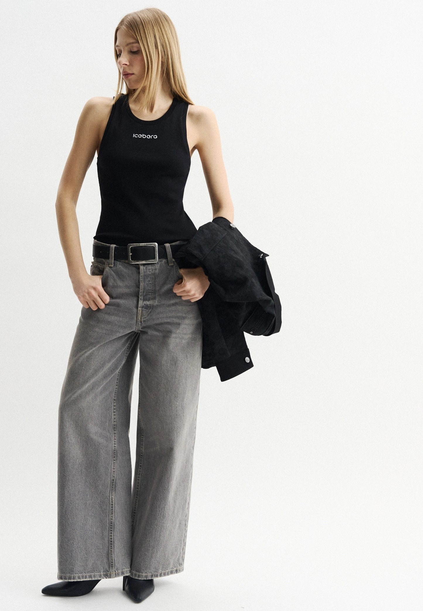 Black ribbed stretch cotton jersey tank top