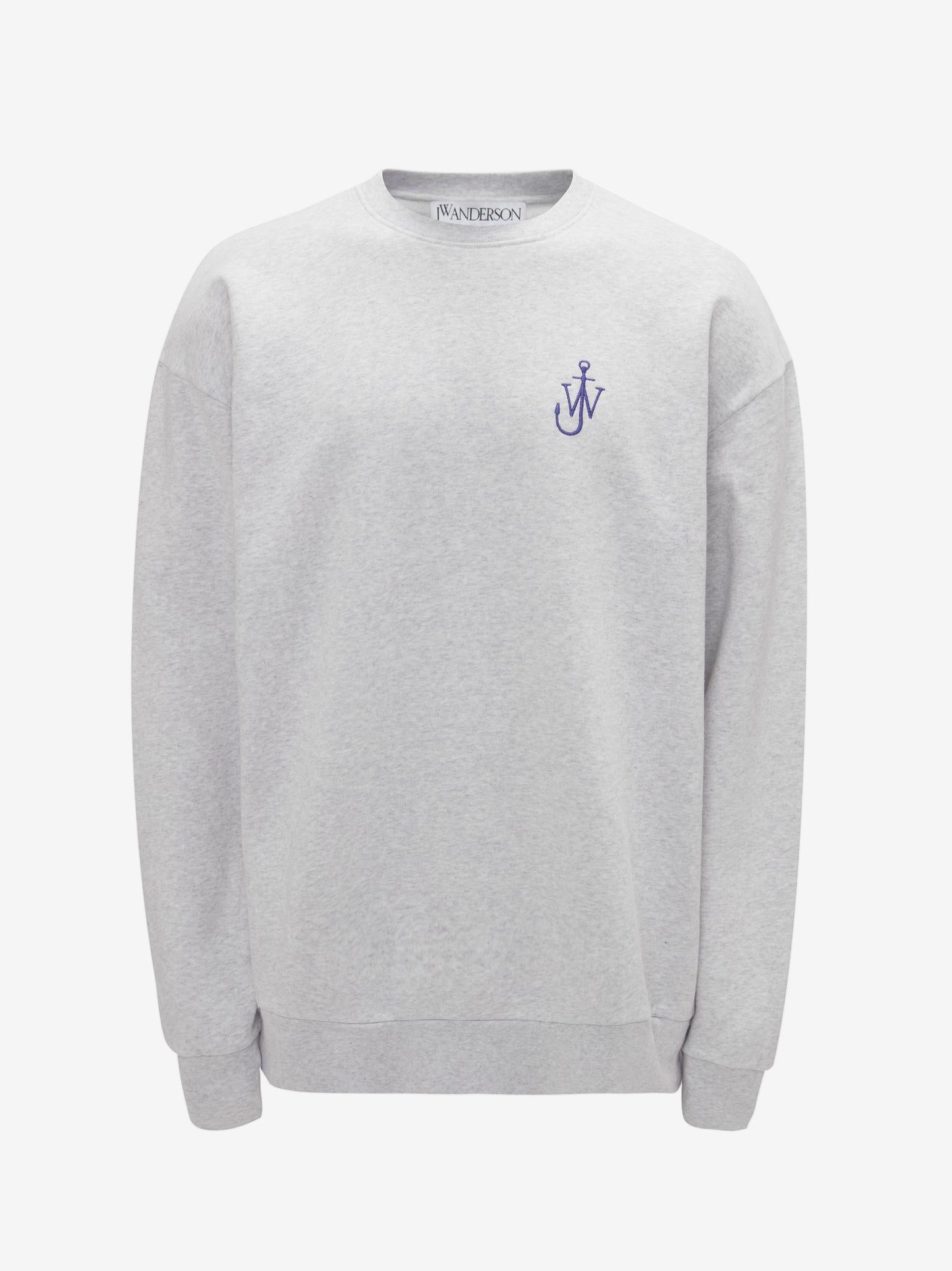 Gray sweatshirt with a small blue logo on a white background