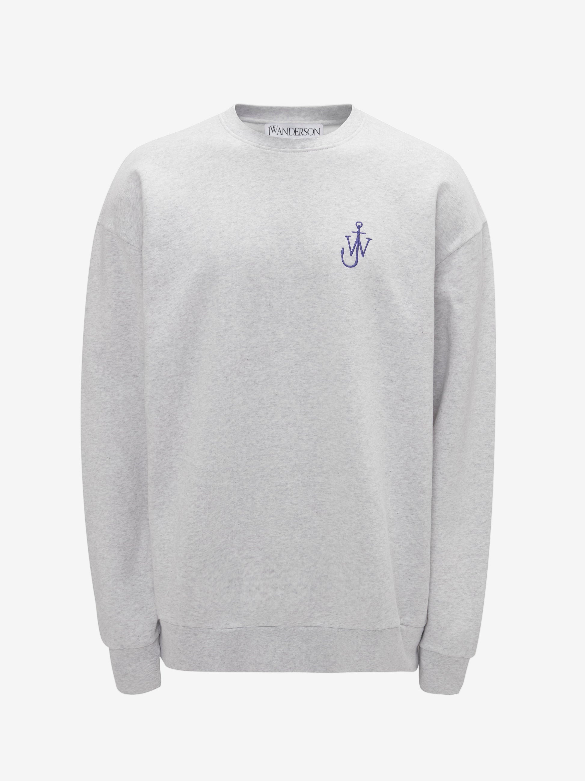 Gray sweatshirt with a small blue logo on a white background