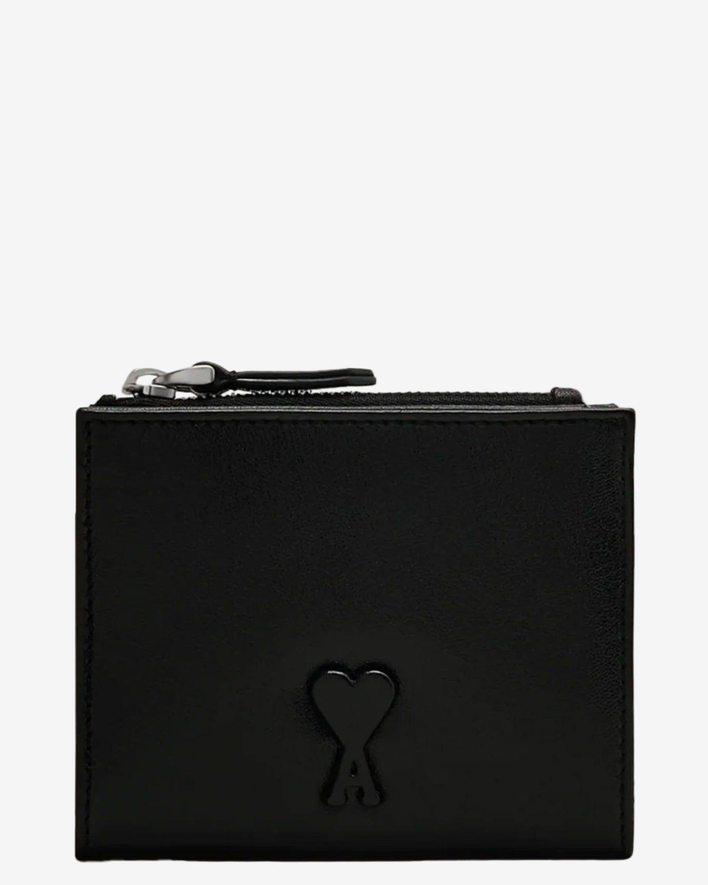 Black leather pouch with a heart-shaped logo on a white background