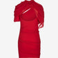 Red dress with a draped shoulder design on a white background