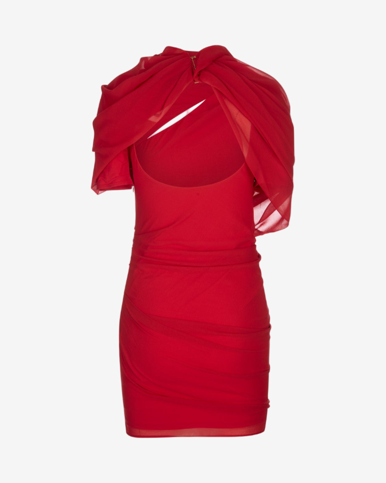 Red dress with a draped shoulder design on a white background