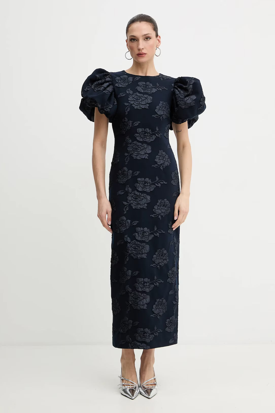 Jacquard Midi Puff Dress Dark Blue