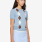 Light blue t-shirt with argyle pattern on a white background