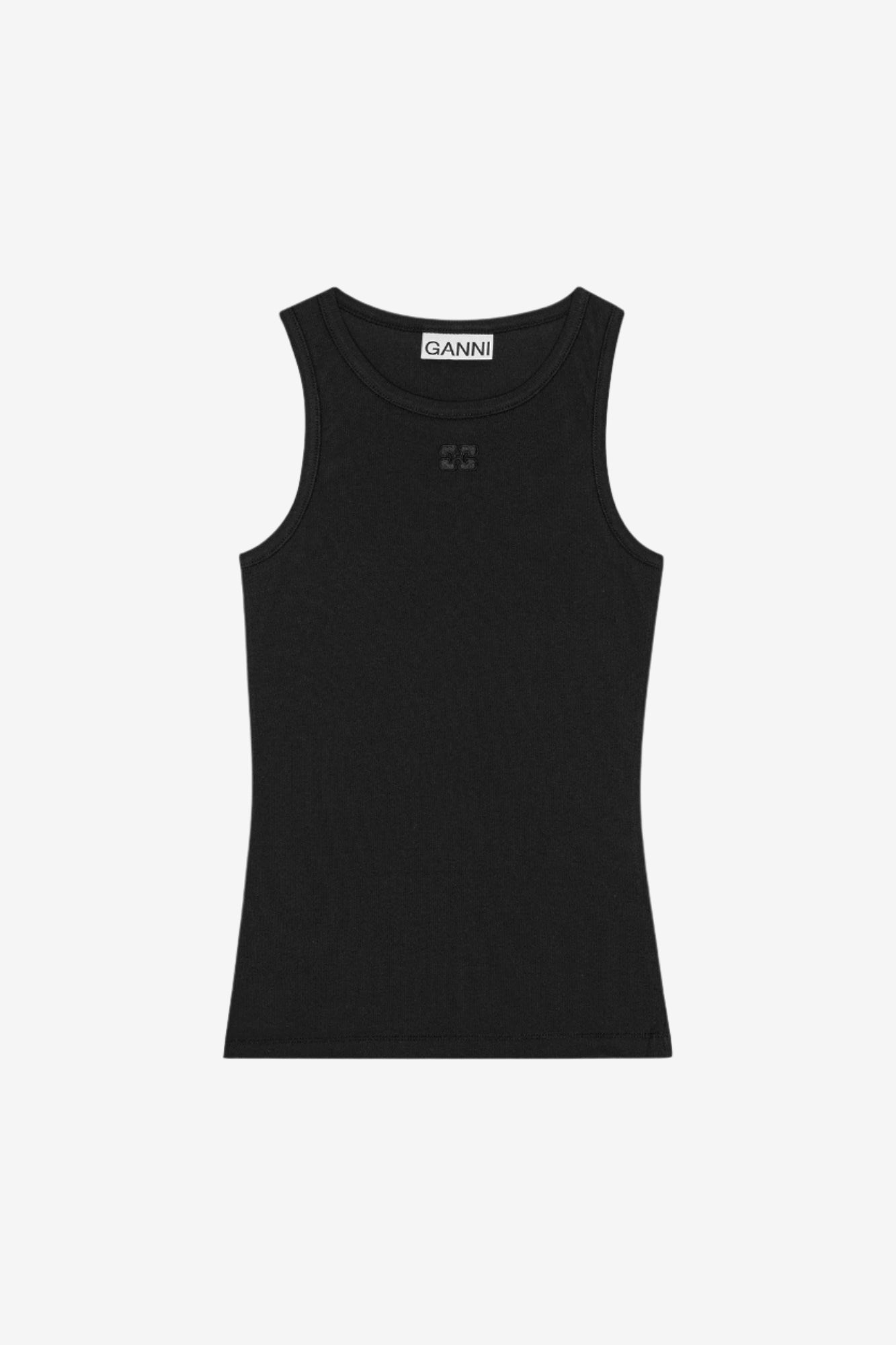 Black tank top with 'Ganni' branding on a white background