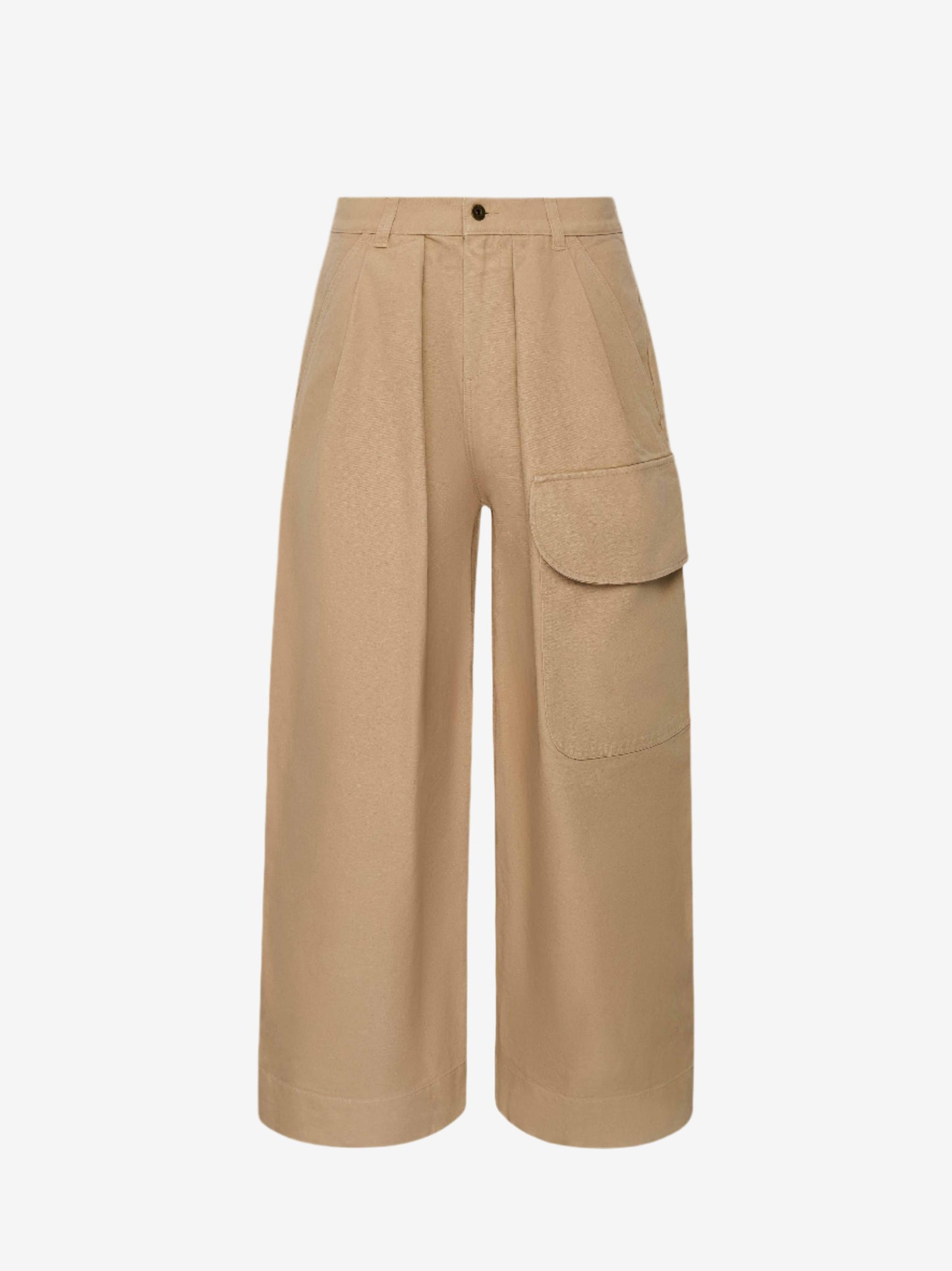 Beige wide-leg pants with front pocket on a white background
