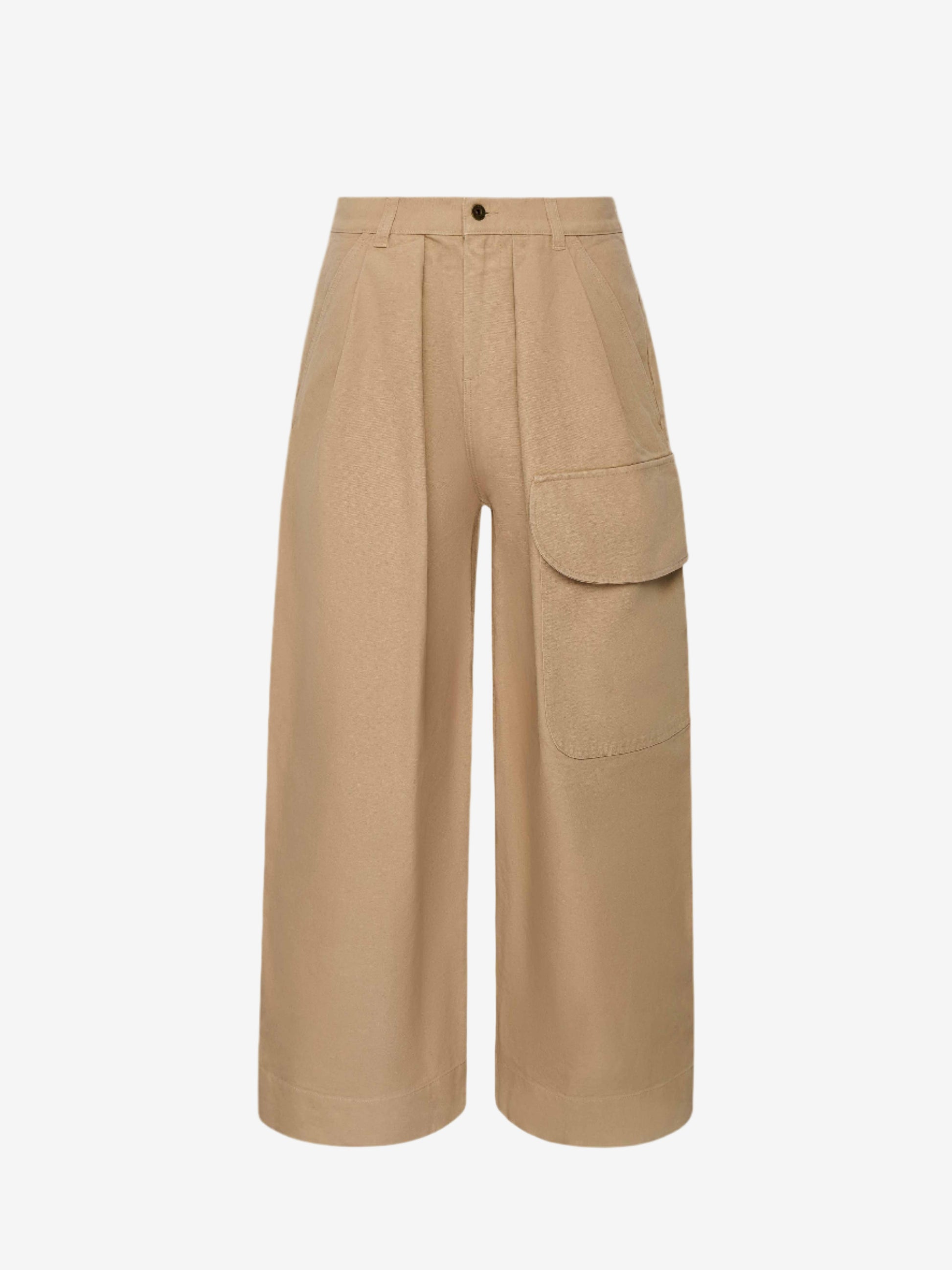 Beige wide-leg pants with front pocket on a white background