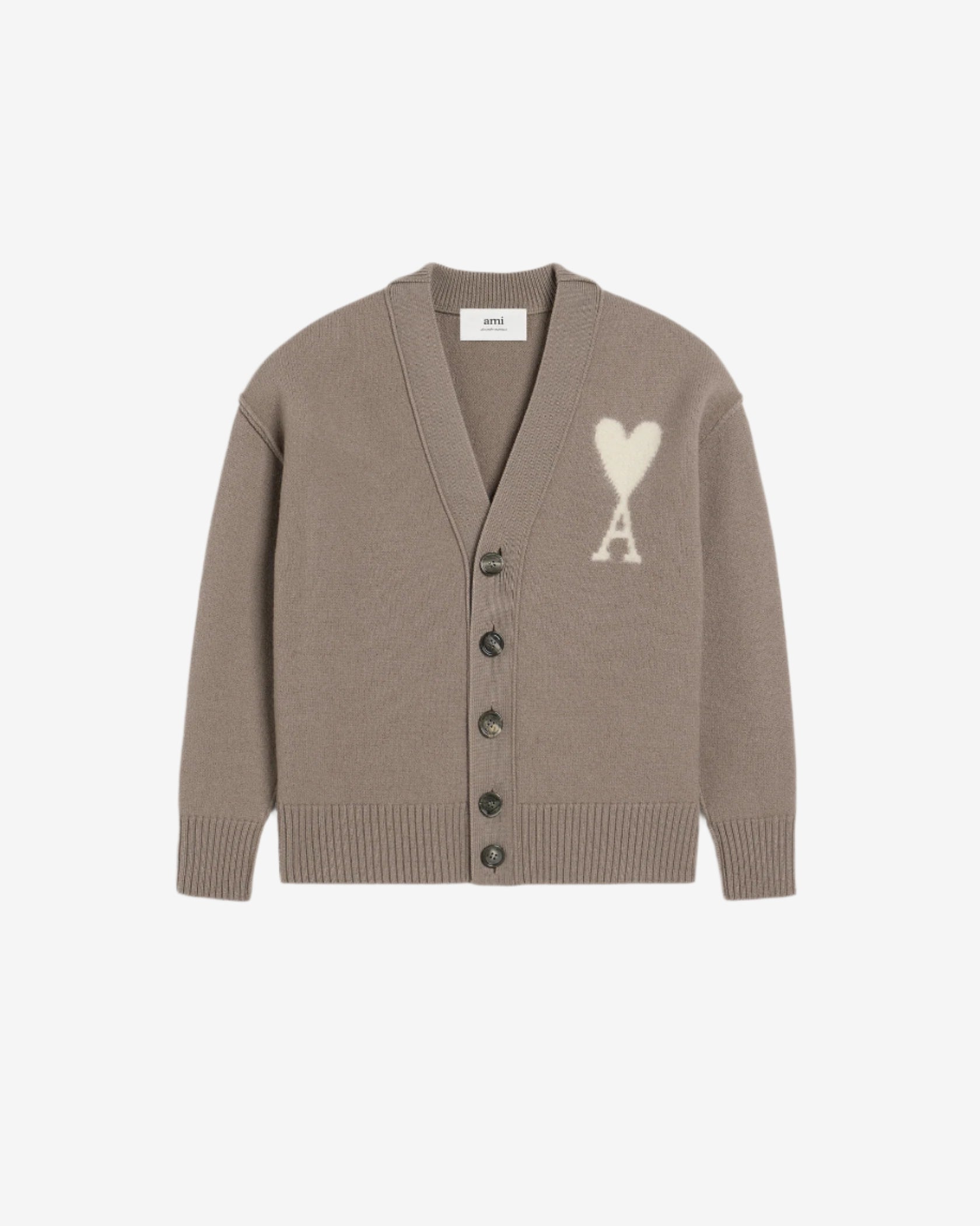 Brown cardigan with a heart and 'AMI' logo on a beige background