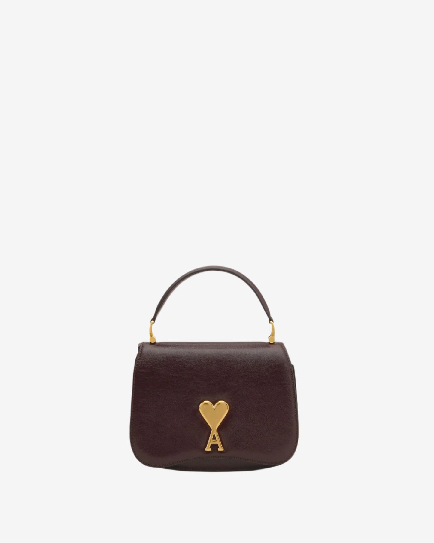 Burgundy handbag with a gold heart and letter 'A' emblem on a beige background