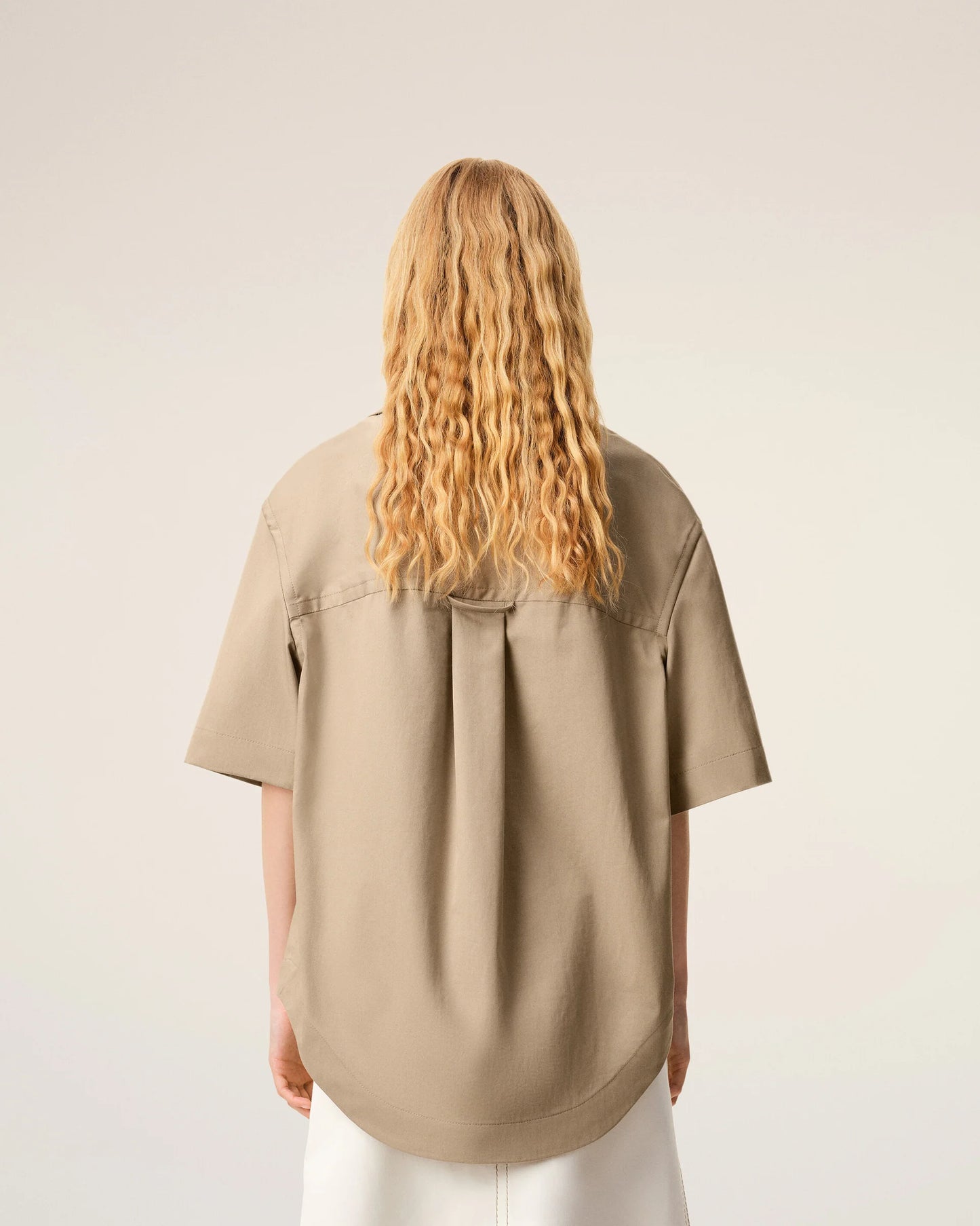 Beige Cotton Short Sleeve Camp Collar Wide Shirt