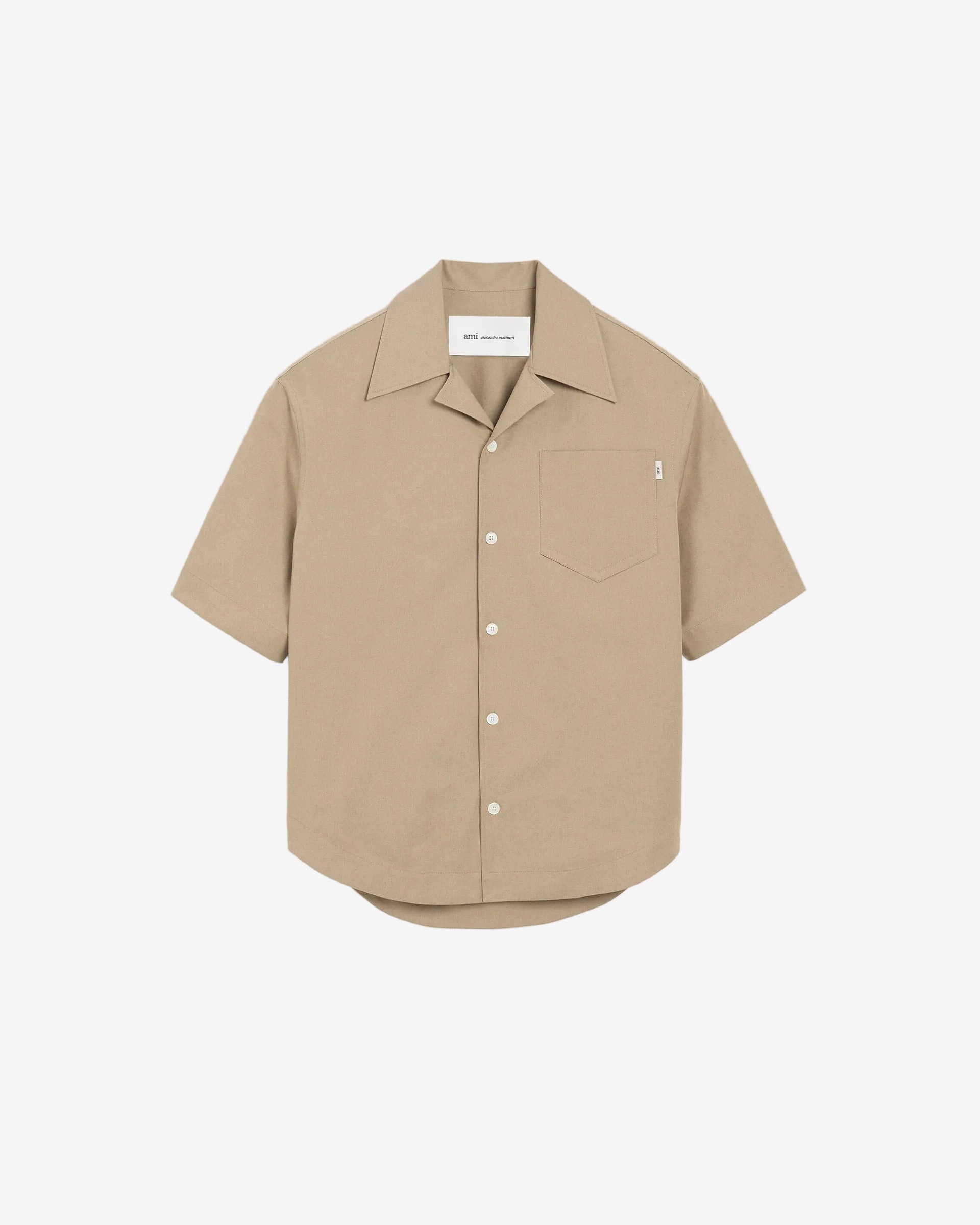Beige Cotton Short Sleeve Camp Collar Wide Shirt