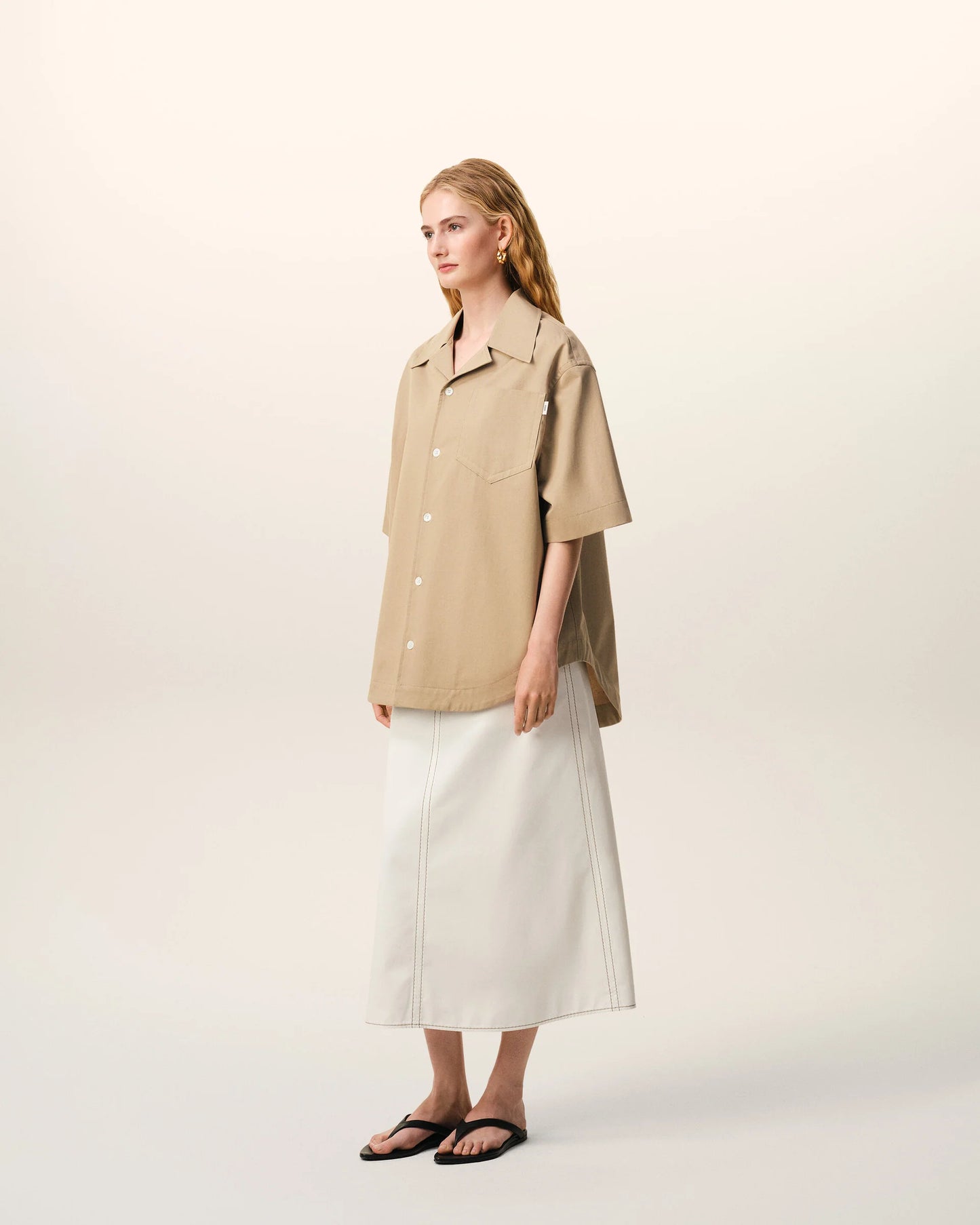 Beige Cotton Short Sleeve Camp Collar Wide Shirt