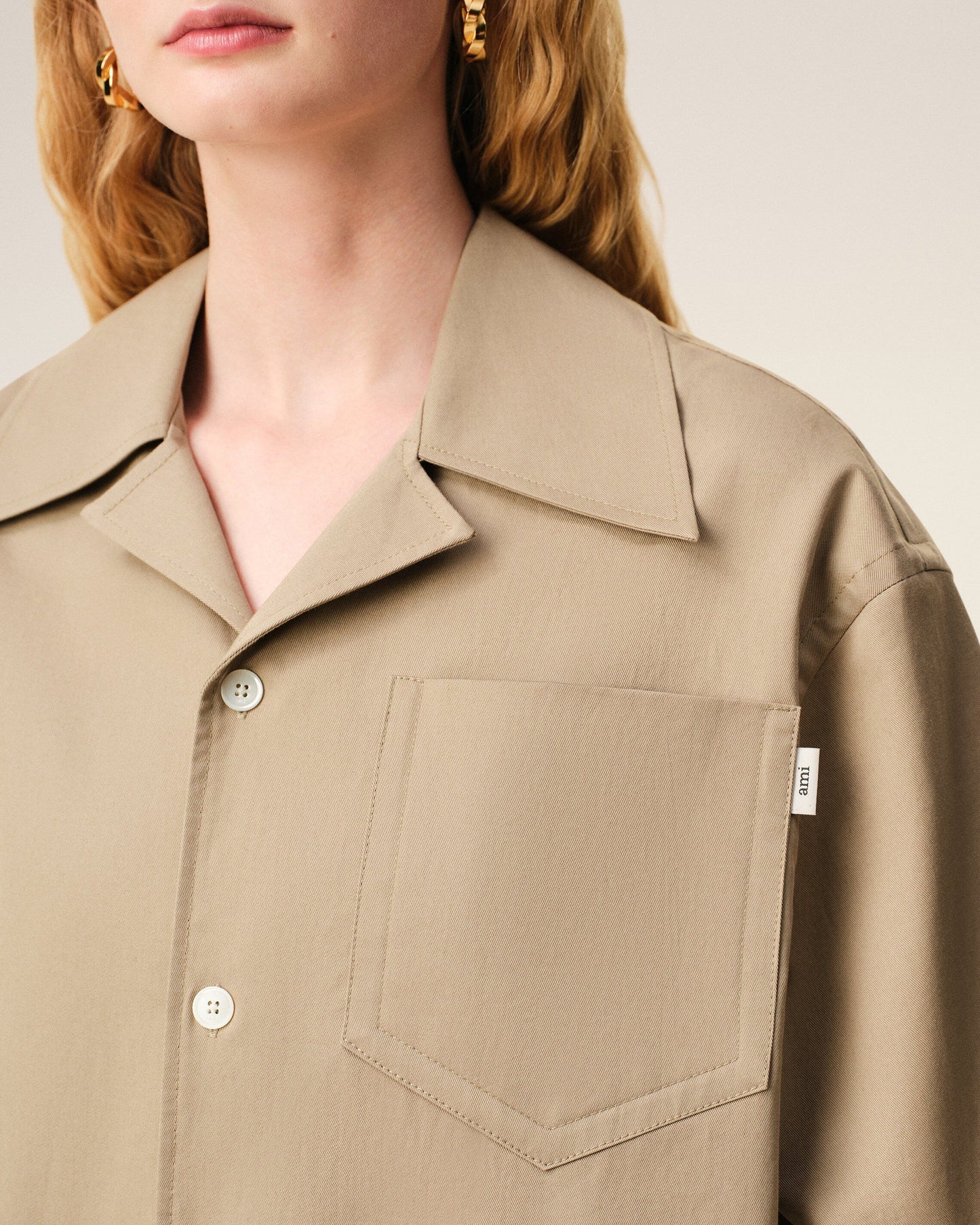 Beige Cotton Short Sleeve Camp Collar Wide Shirt