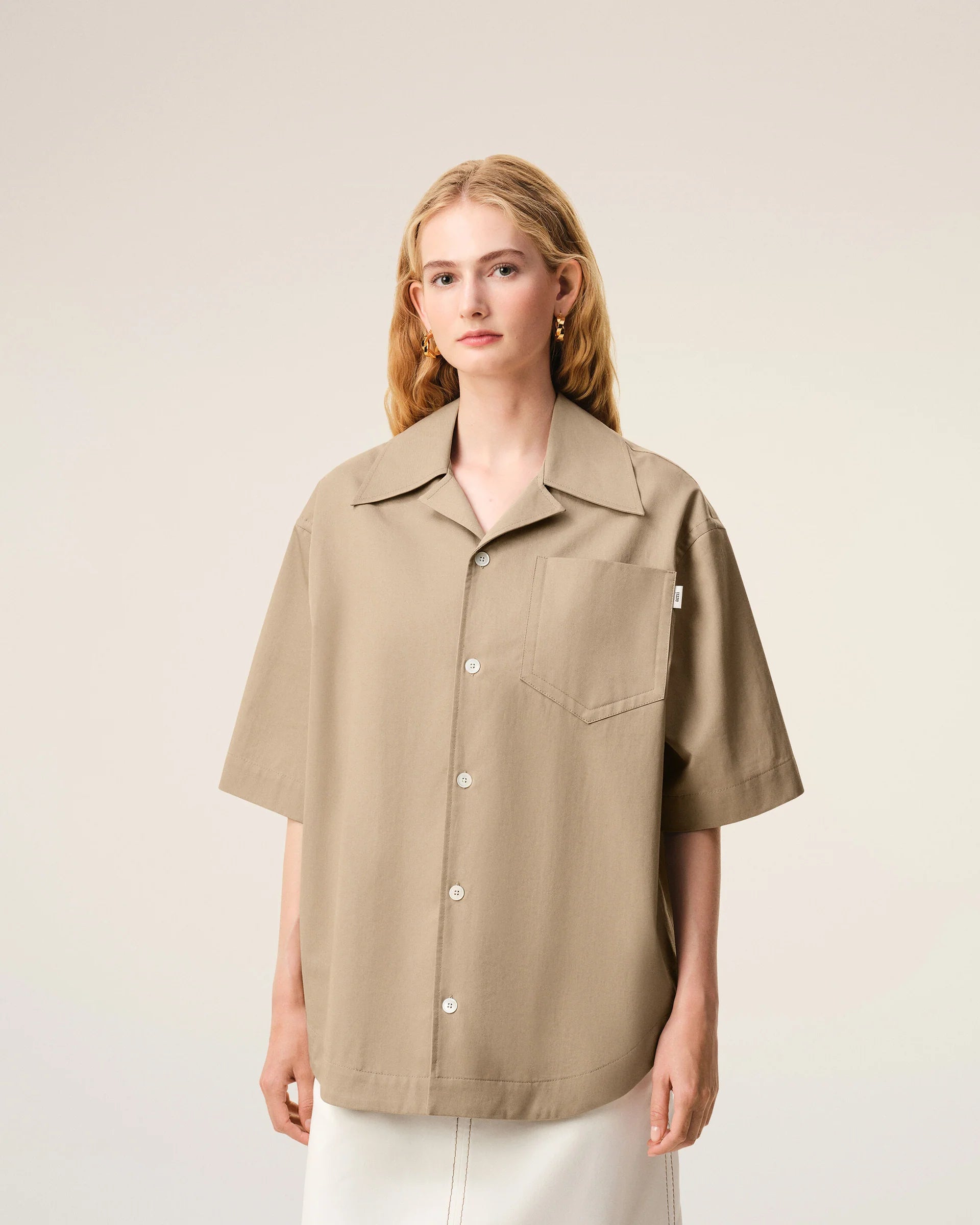 Beige Cotton Short Sleeve Camp Collar Wide Shirt