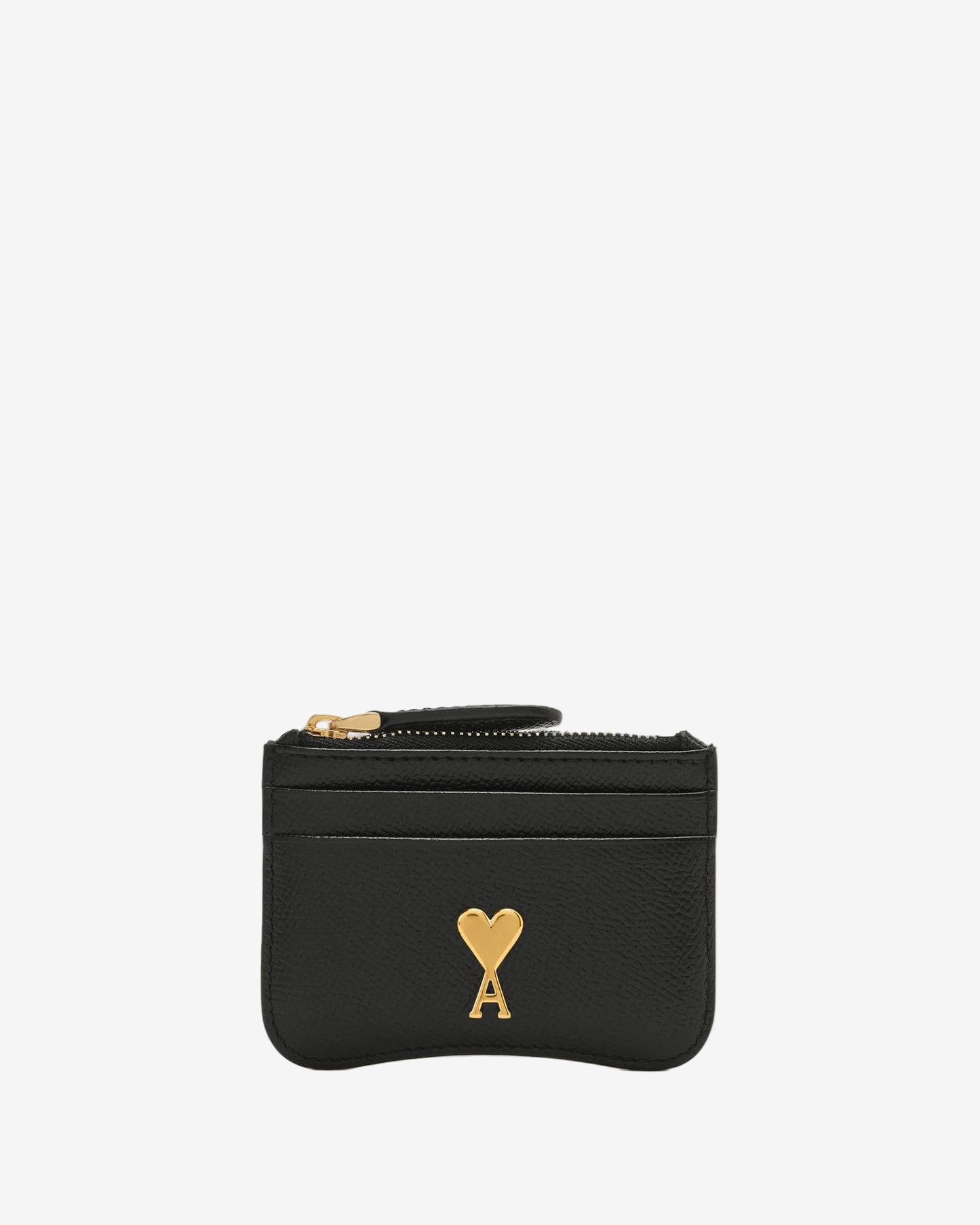 Black wallet with gold heart and letter 'A' emblem on a beige background