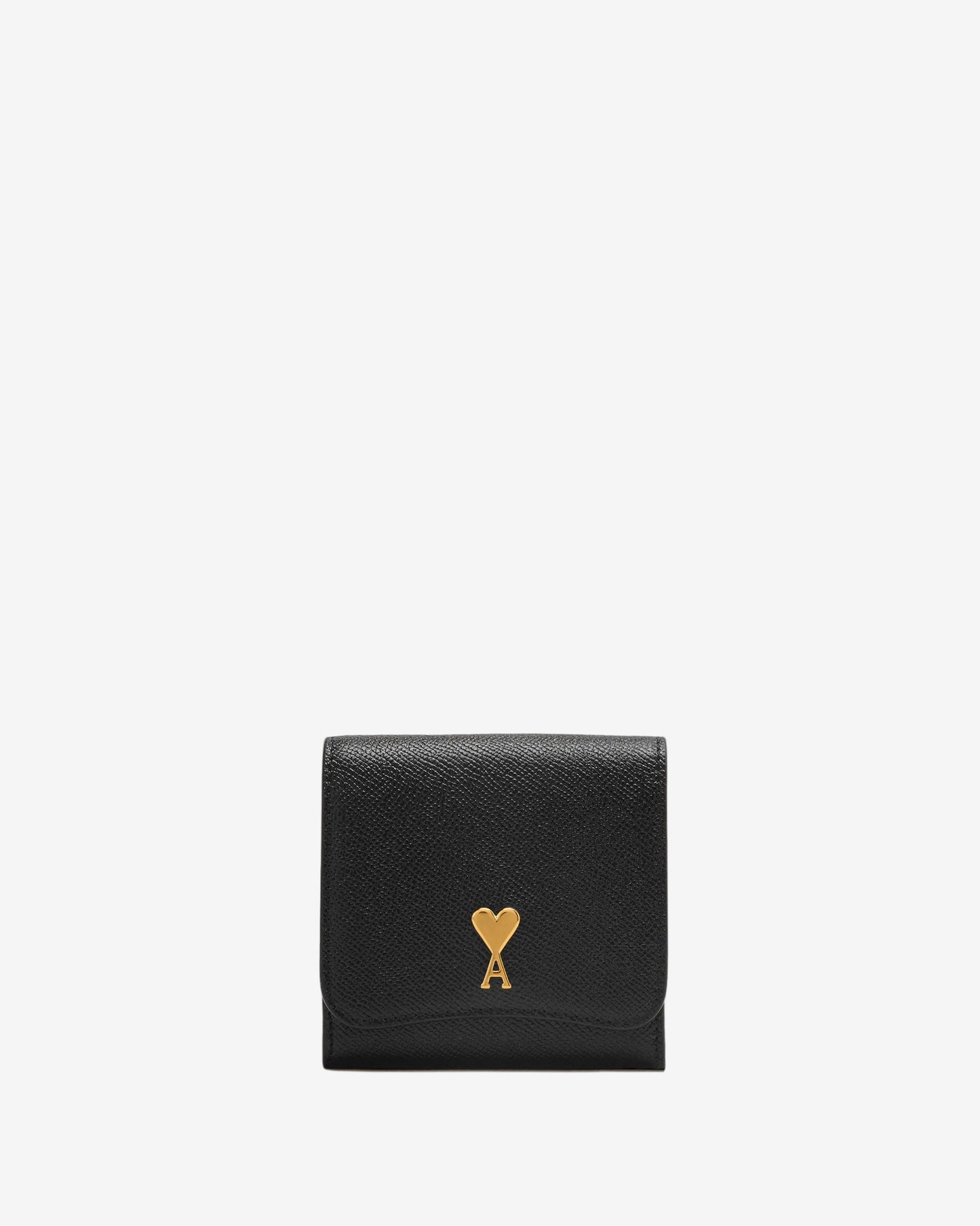 Black wallet with a gold heart and letter 'A' emblem on a beige background