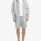 Gray shorts with a drawstring on a white background