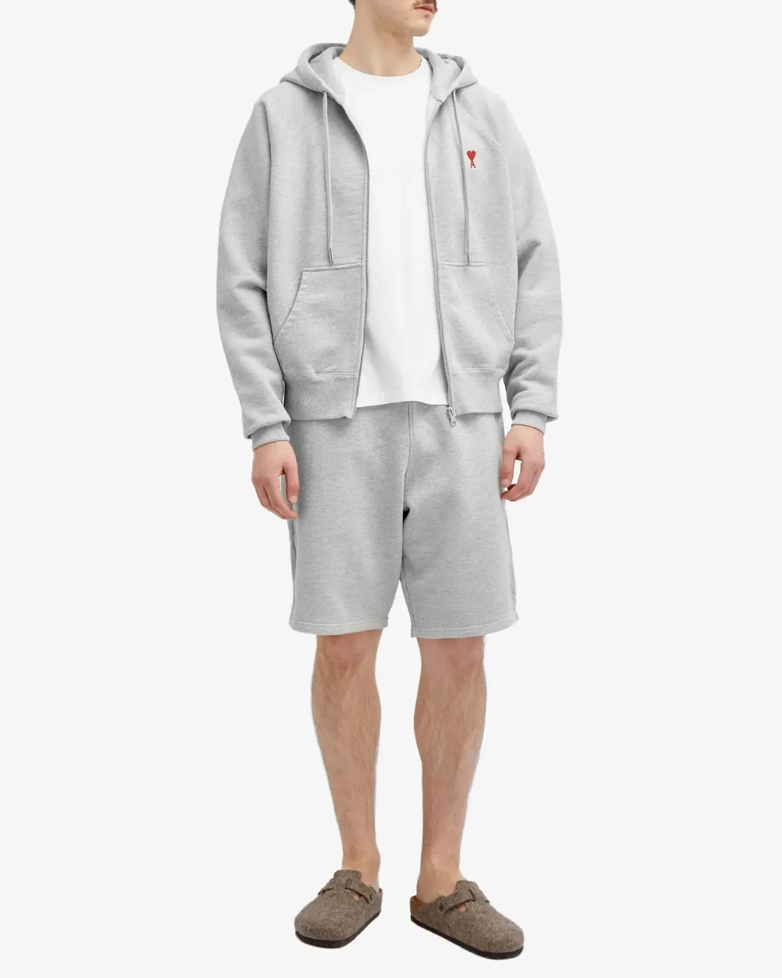 Gray shorts with a drawstring on a white background
