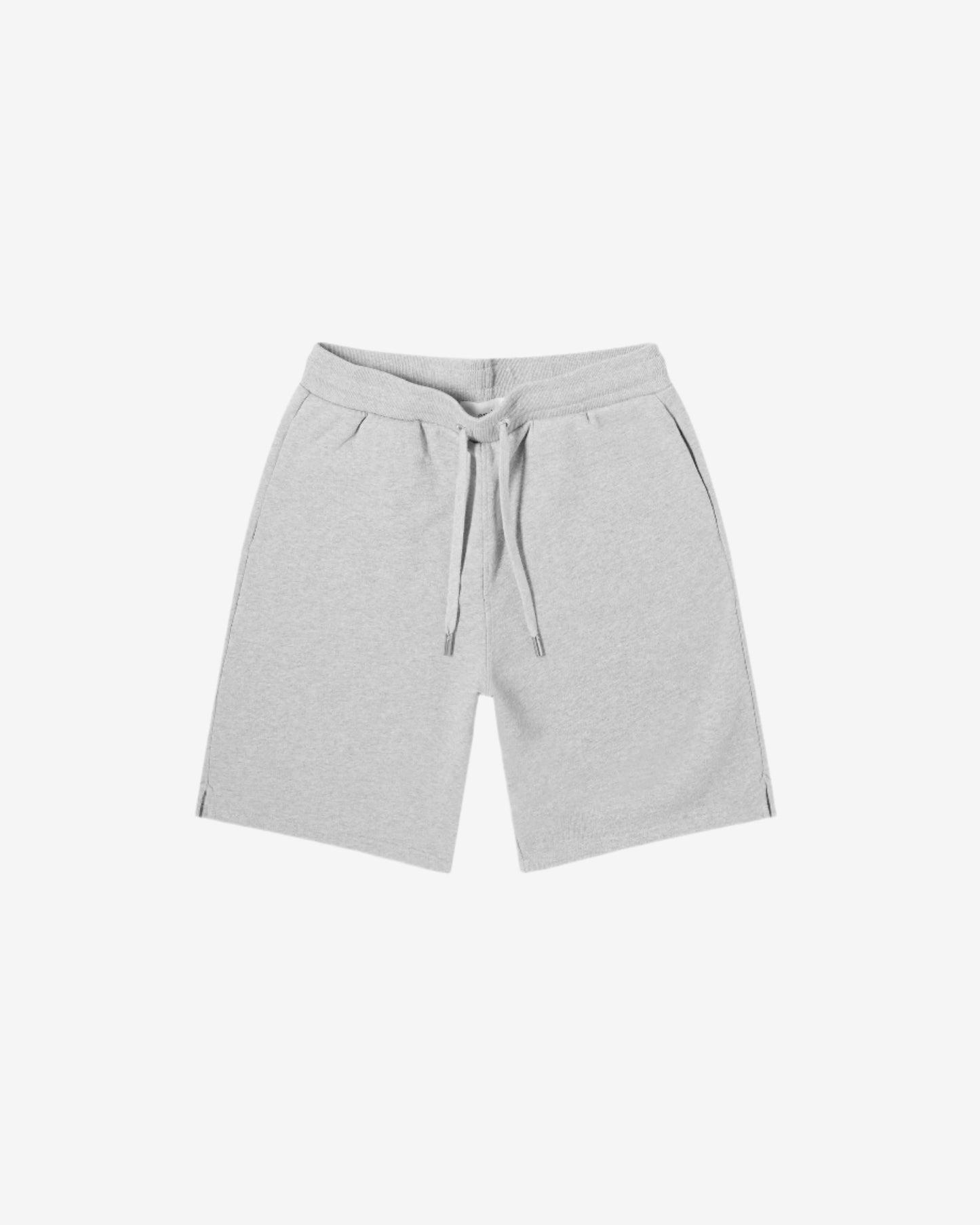 Gray shorts with a drawstring on a white background
