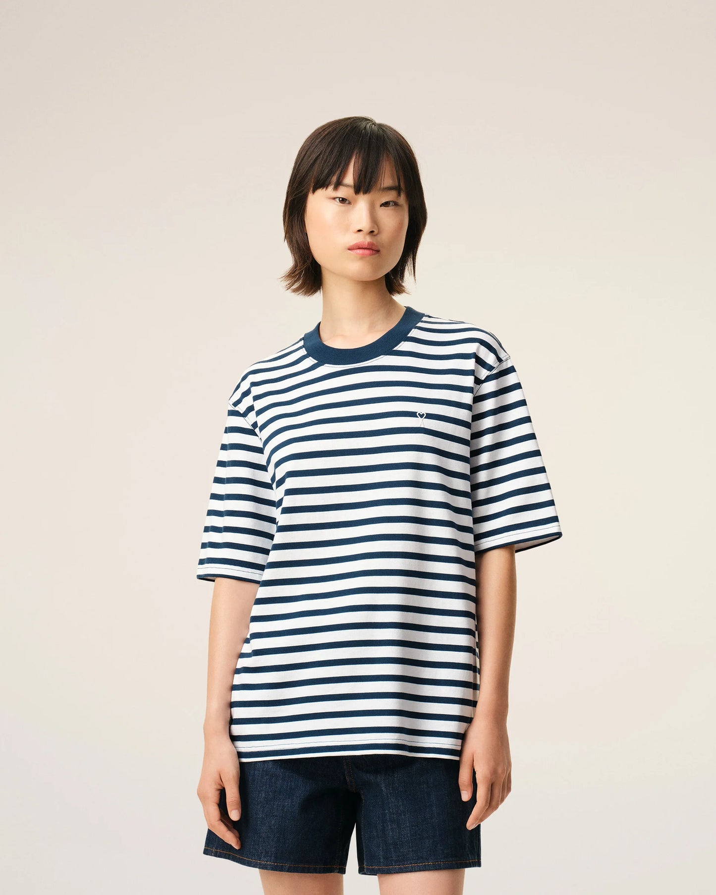 Blue Cotton Boxy Fit Mariniere Ami De Coeur T-shirt