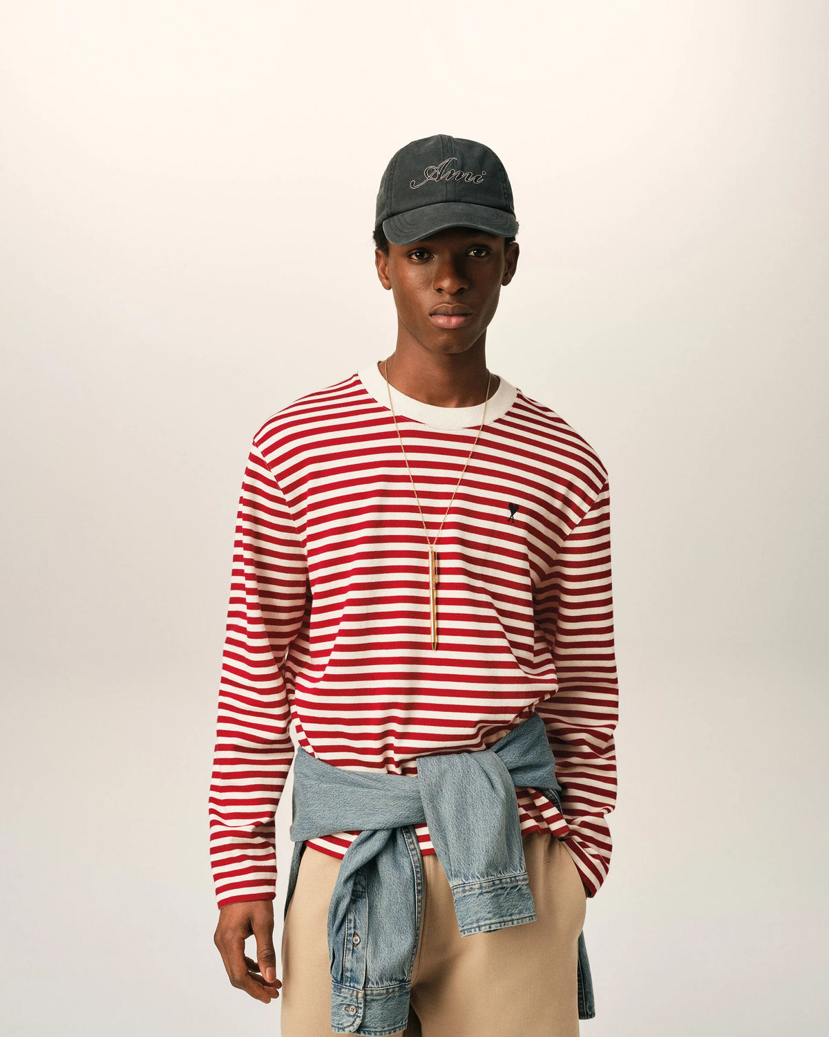 Long Sleeves Striped T shirt With Black Ami De Coeur Emboidery