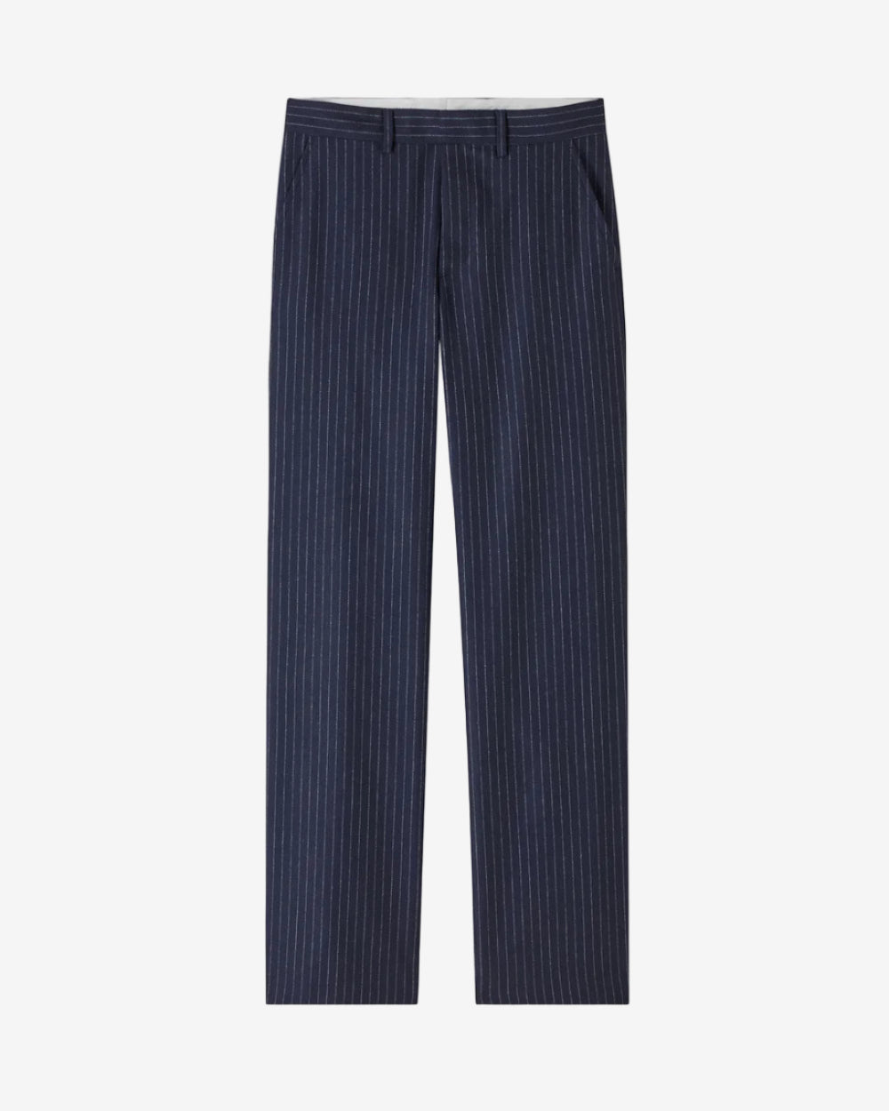 Navy pinstripe pants on a white background