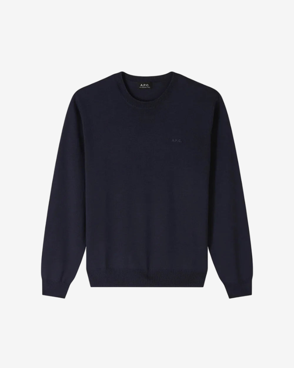 Navy blue sweater with a brand logo on a light gray background