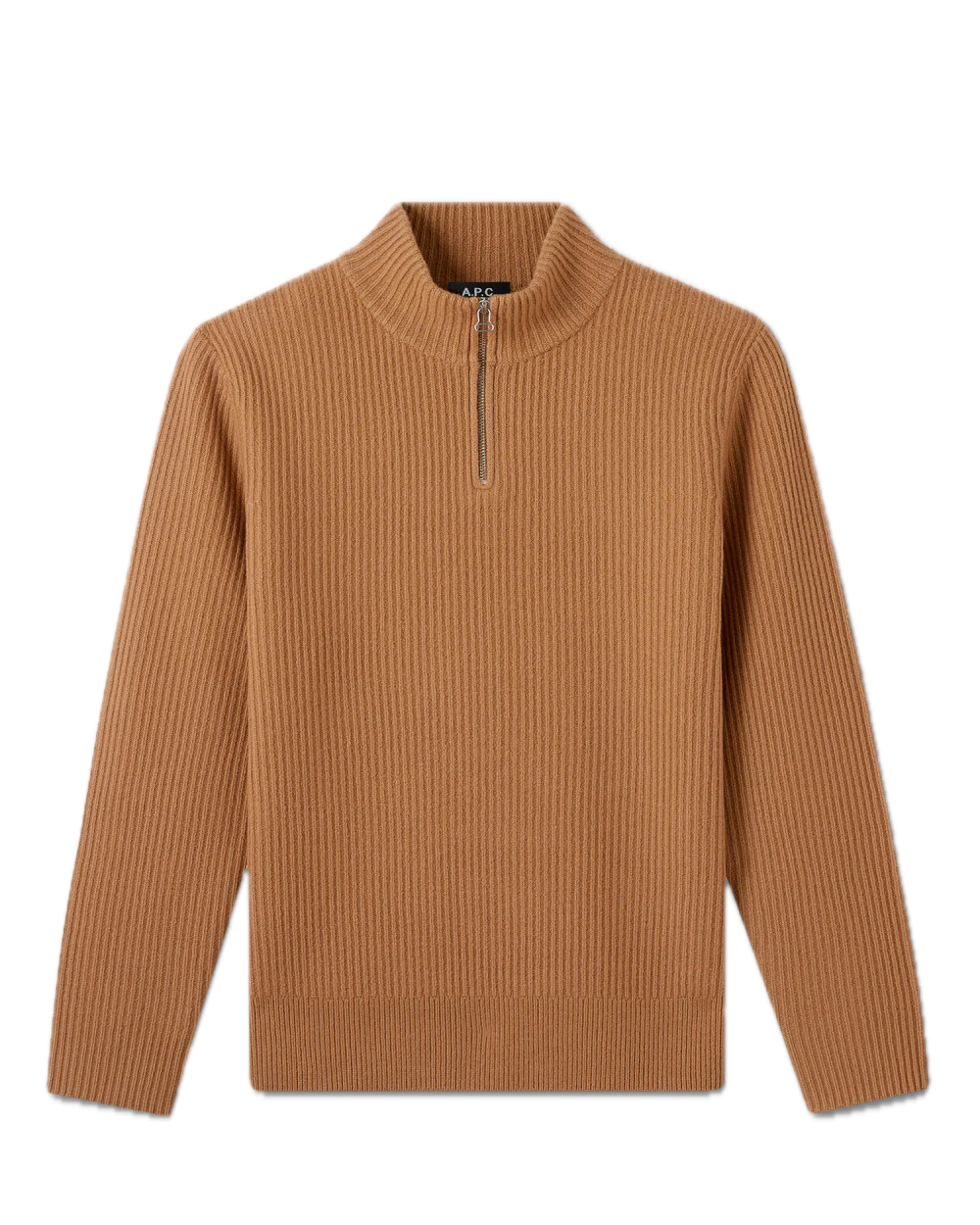 Brown ribbed sweater with a quarter zip on a white background