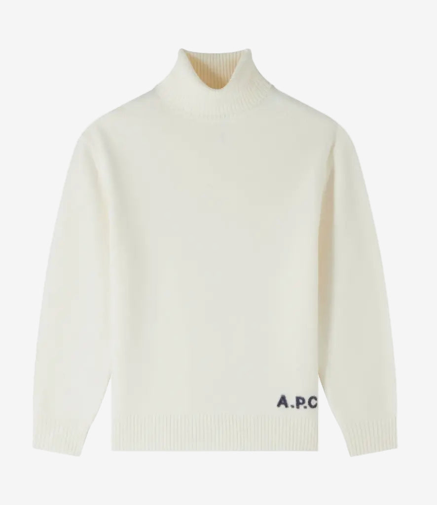 White sweater with 'A.P.C.' logo on a white background