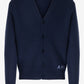 Navy blue cardigan with brand logo on a white background