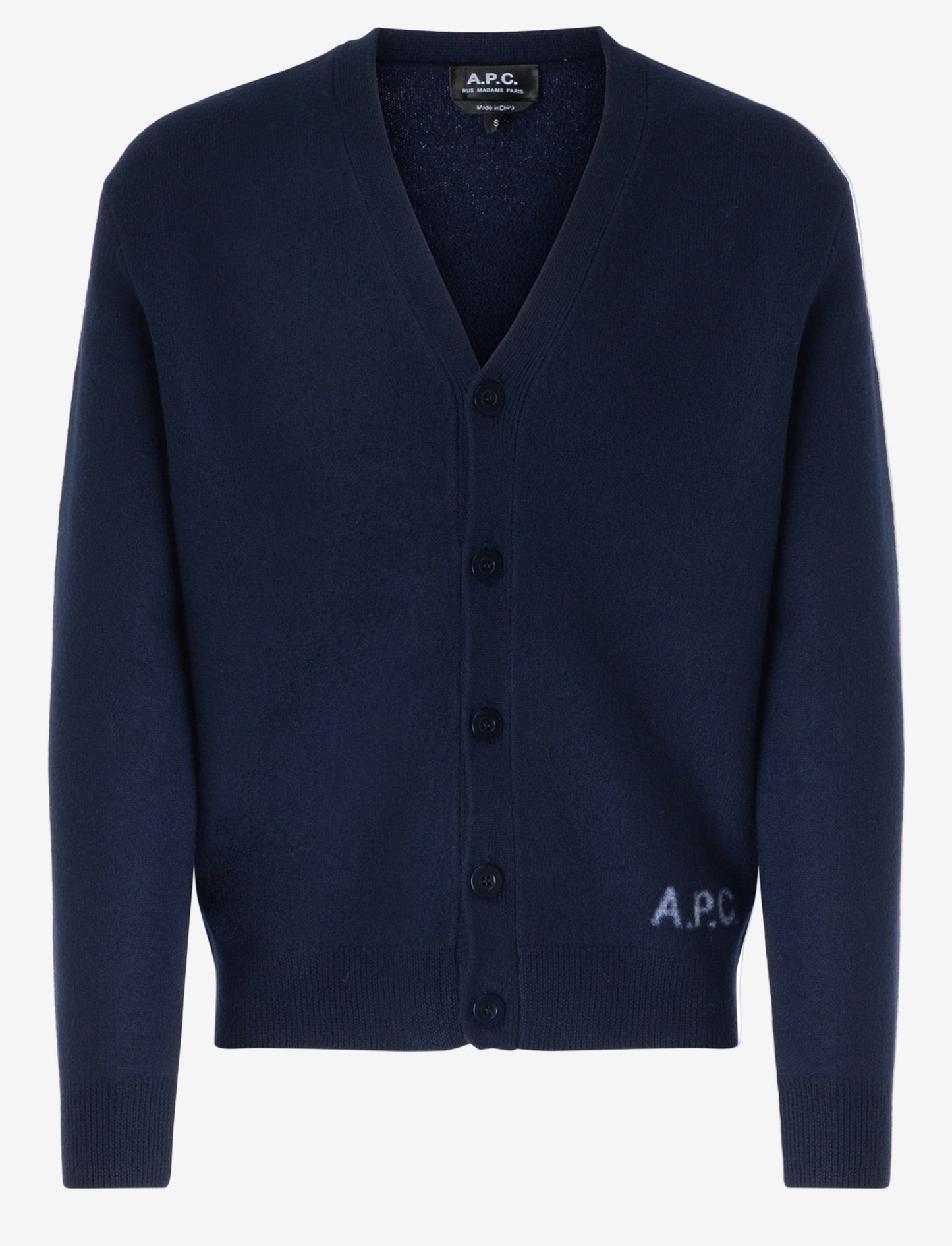 Navy blue cardigan with brand logo on a white background