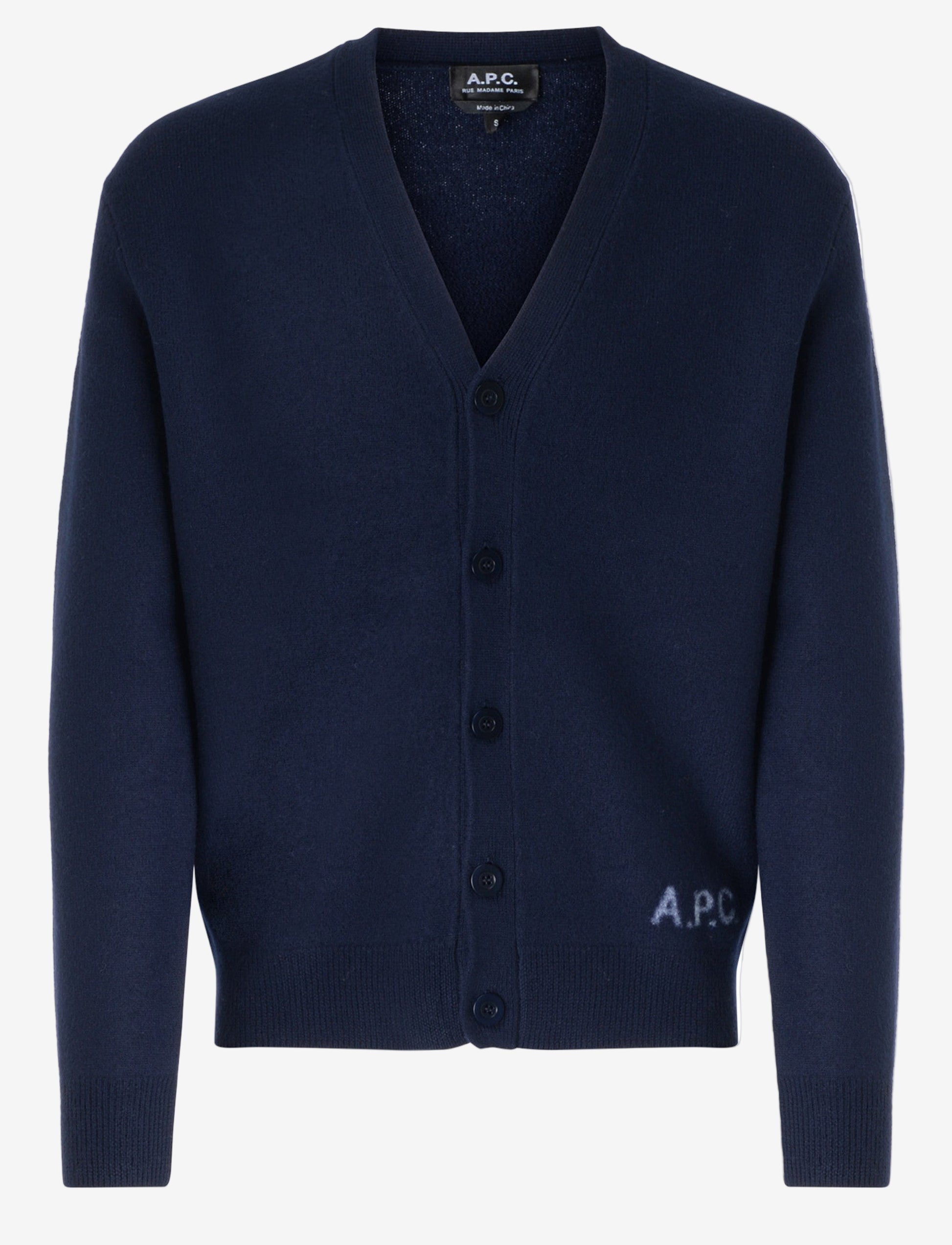 Navy blue cardigan with brand logo on a white background
