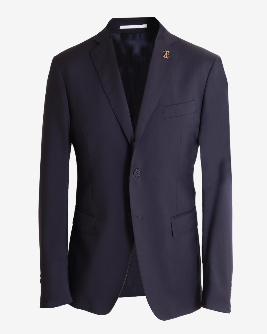 Navy blue blazer on a gray background