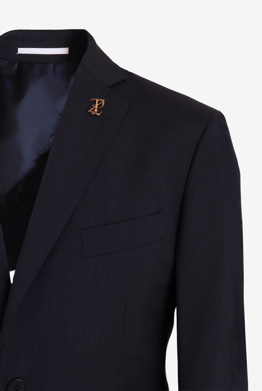 Black suit jacket with a gold emblem on a light gray background