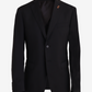 Black blazer with a small logo on a light gray background