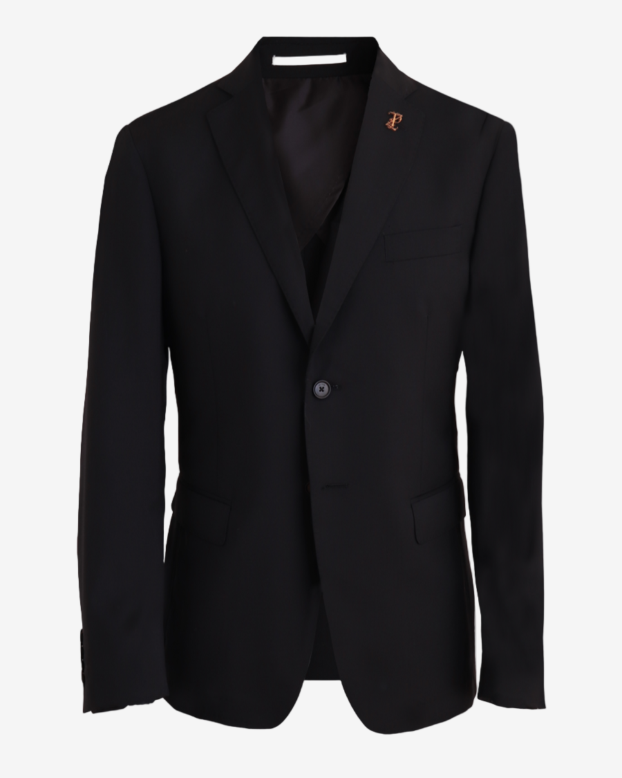 Black blazer with a small logo on a light gray background