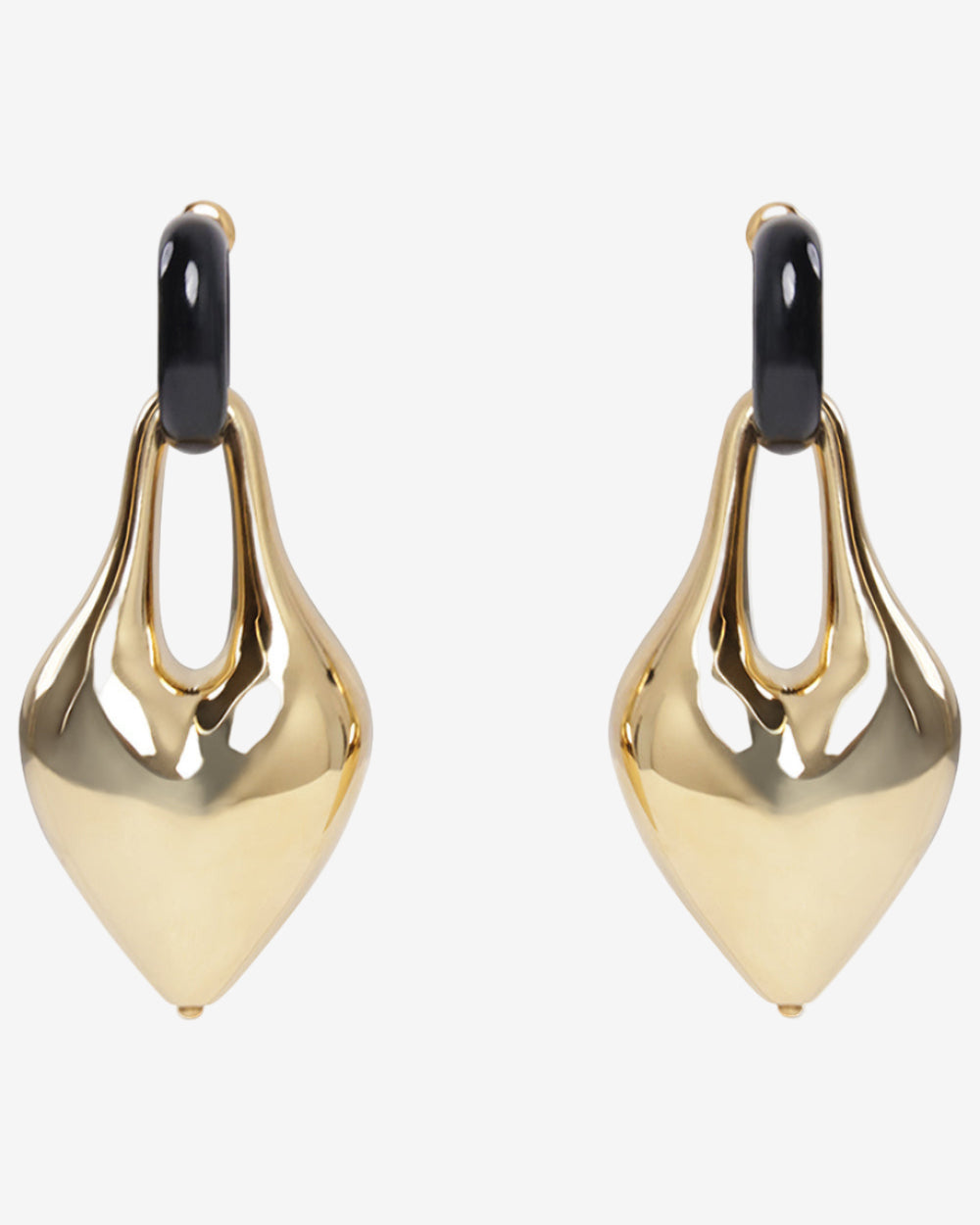 Gold earrings with black accents on a white background