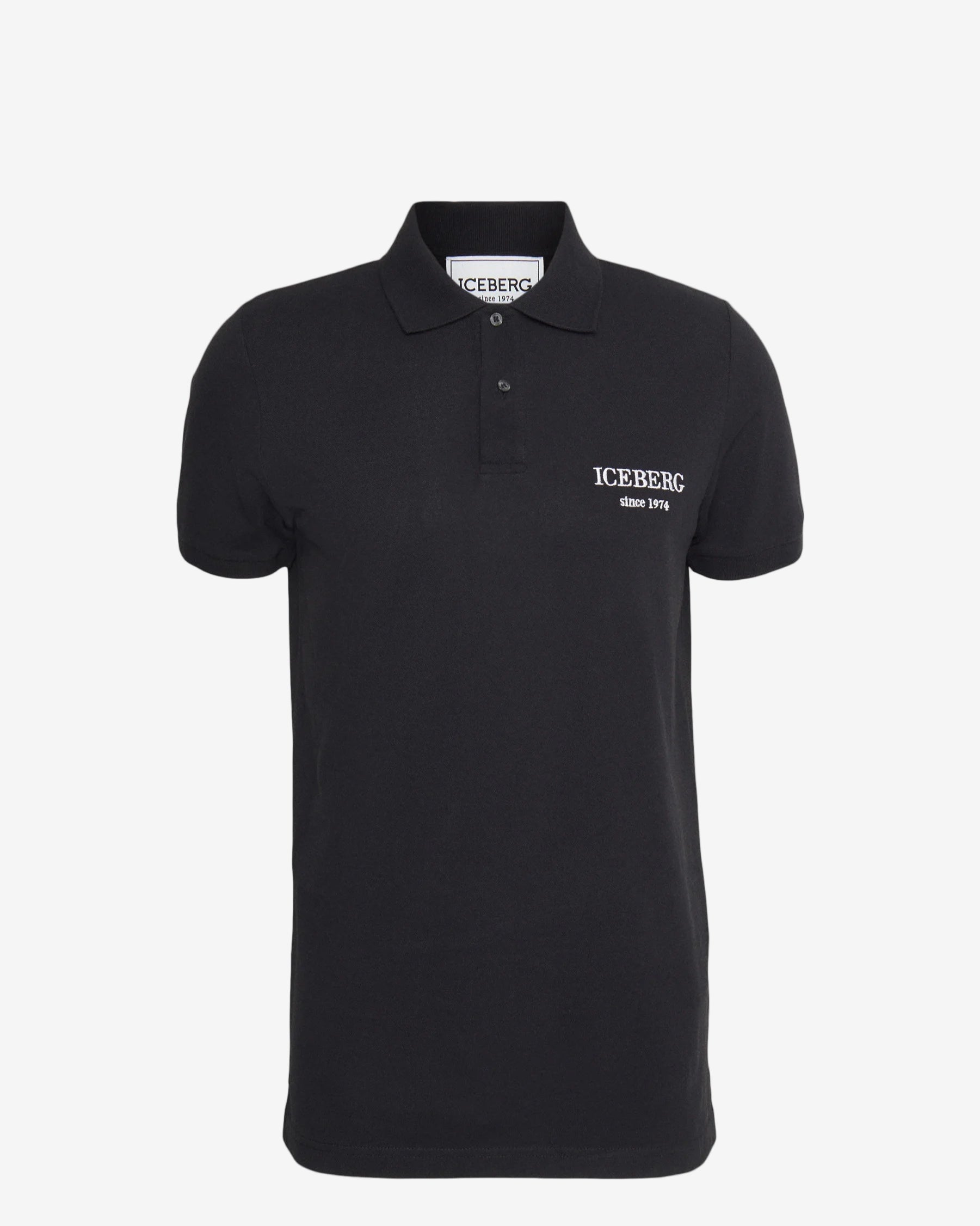Black polo shirt with Iceberg logo on a white background