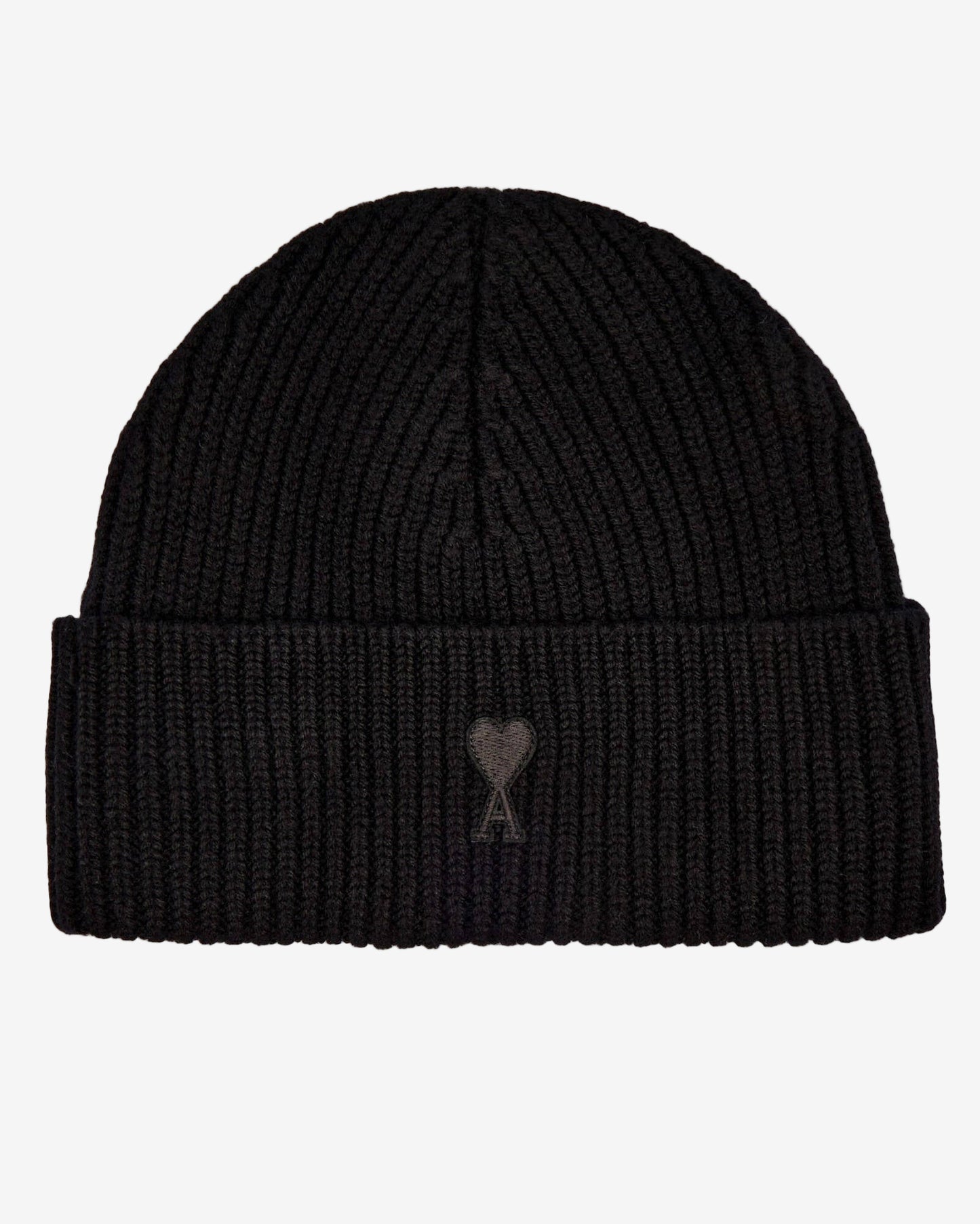 Black knit beanie with a small logo on a white background