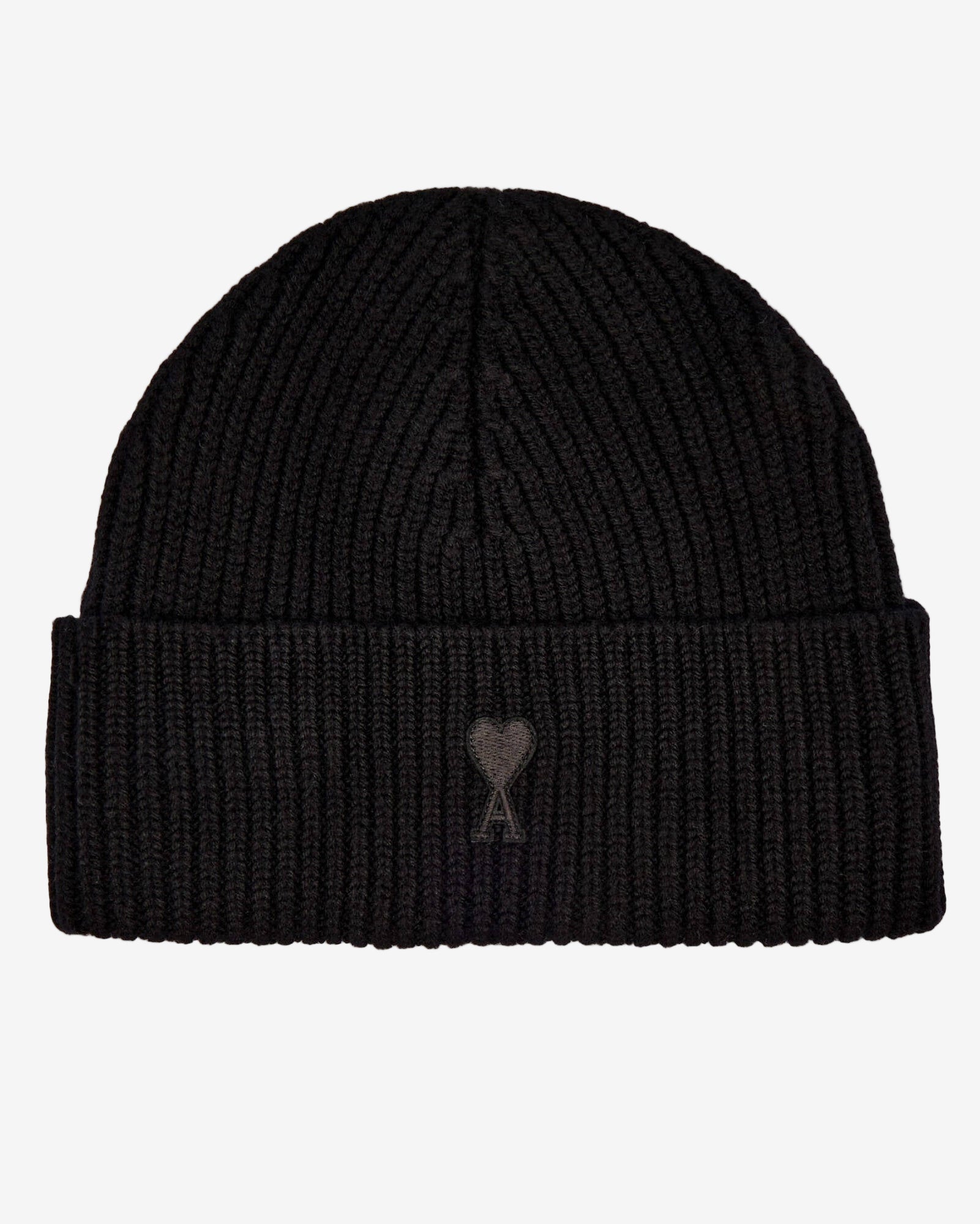 Black knit beanie with a small logo on a white background