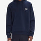 Navy hoodie with A.P.C. logo worn by a person on a white background