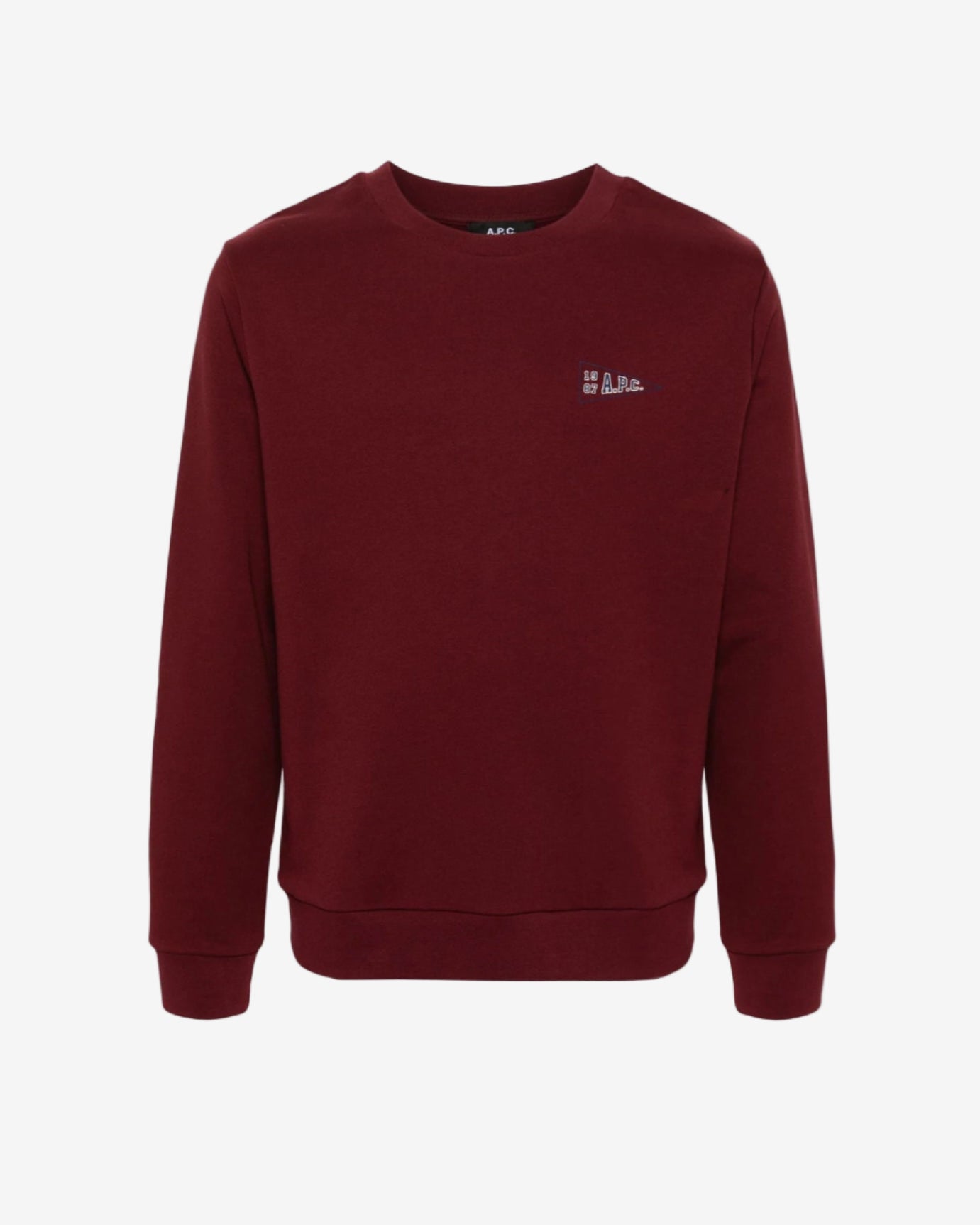 Maroon sweatshirt with a small logo on a white background