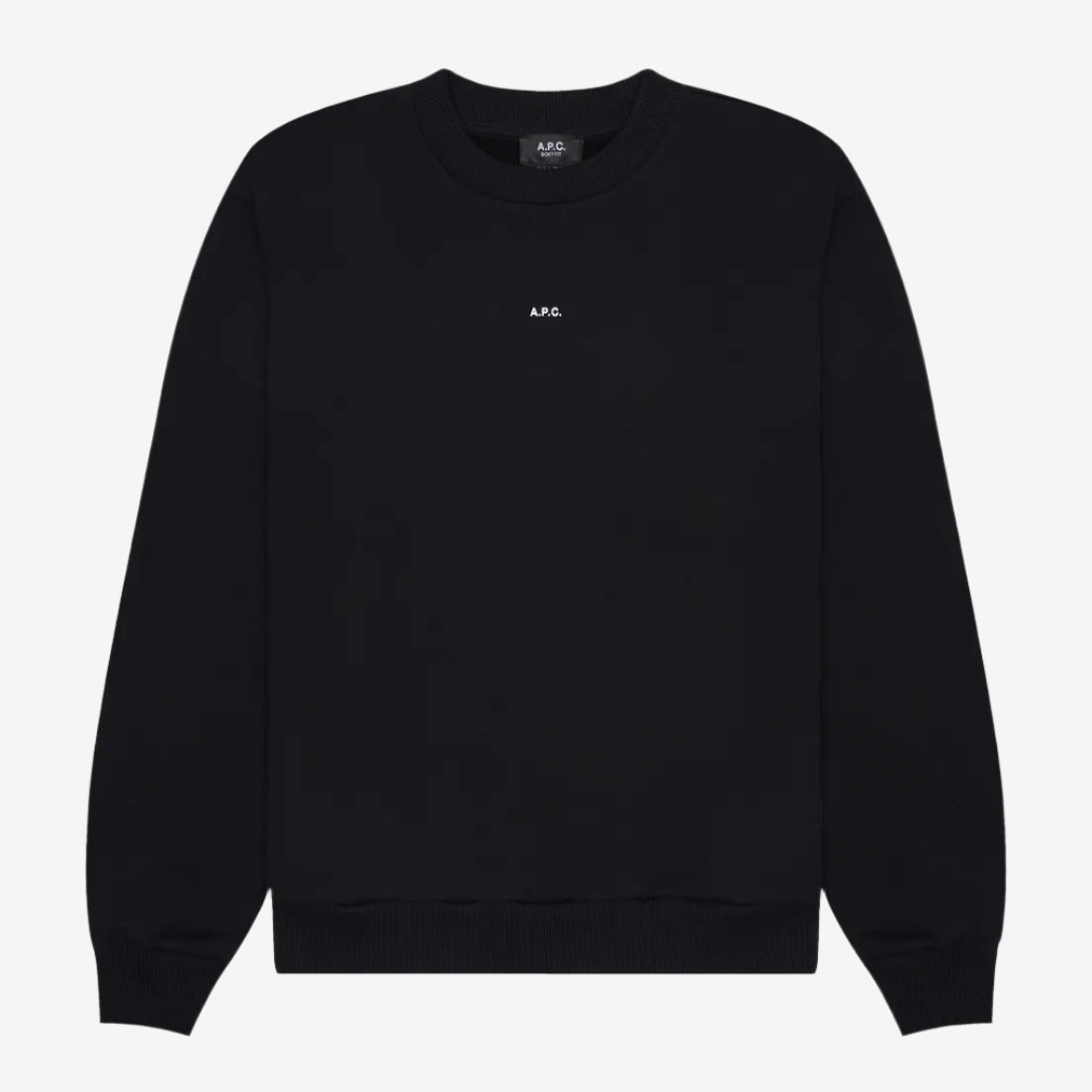 Black sweatshirt with a small logo on a light gray background