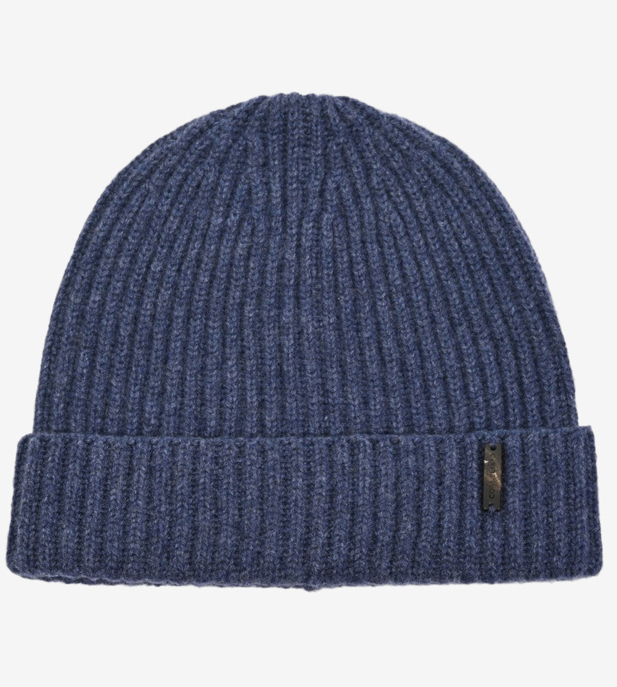 Blue knit beanie with a small logo on a white background