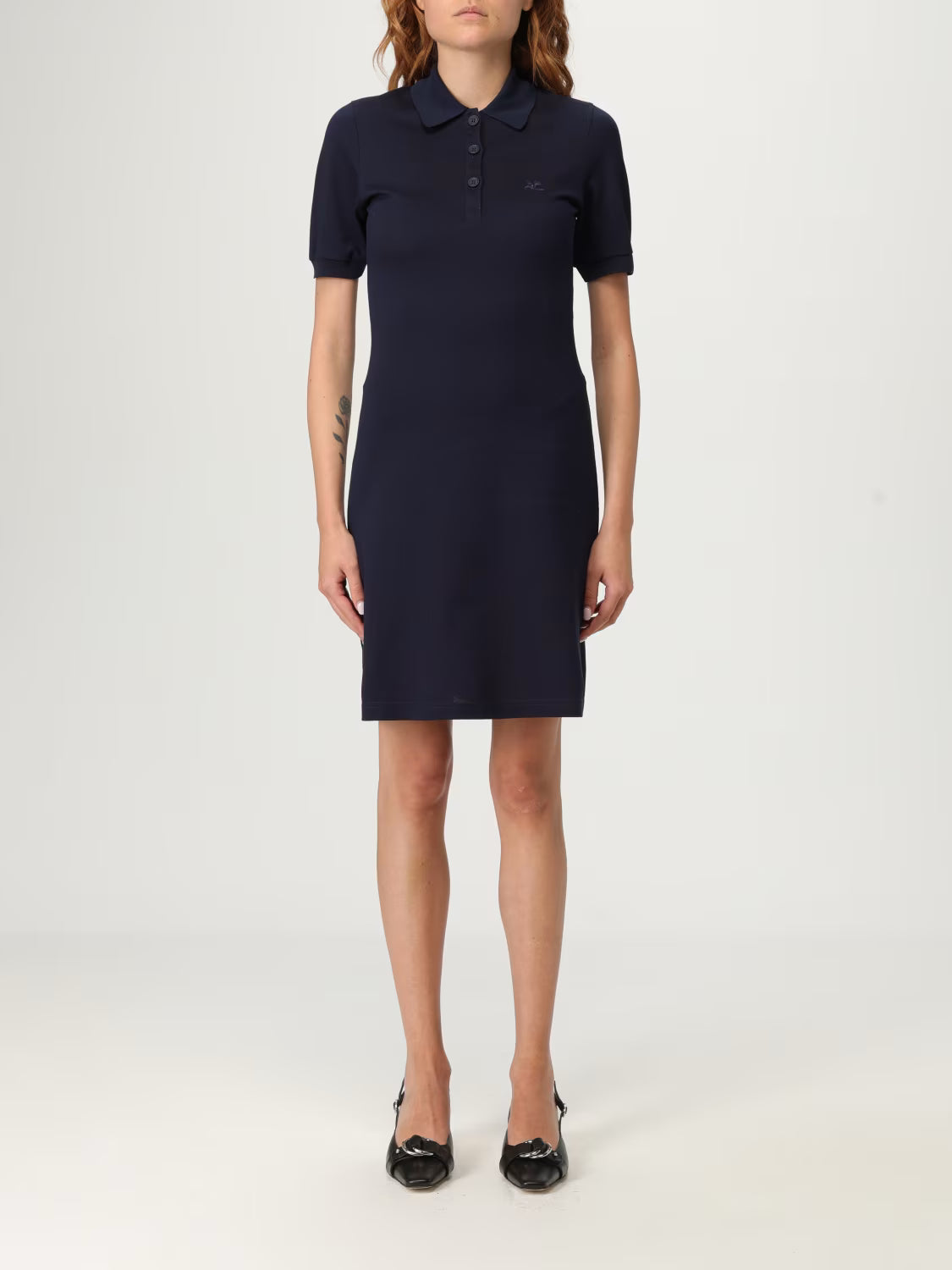 Navy blue dress with a collar on a white background