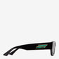 Black sunglasses with a gold and green logo on a white background