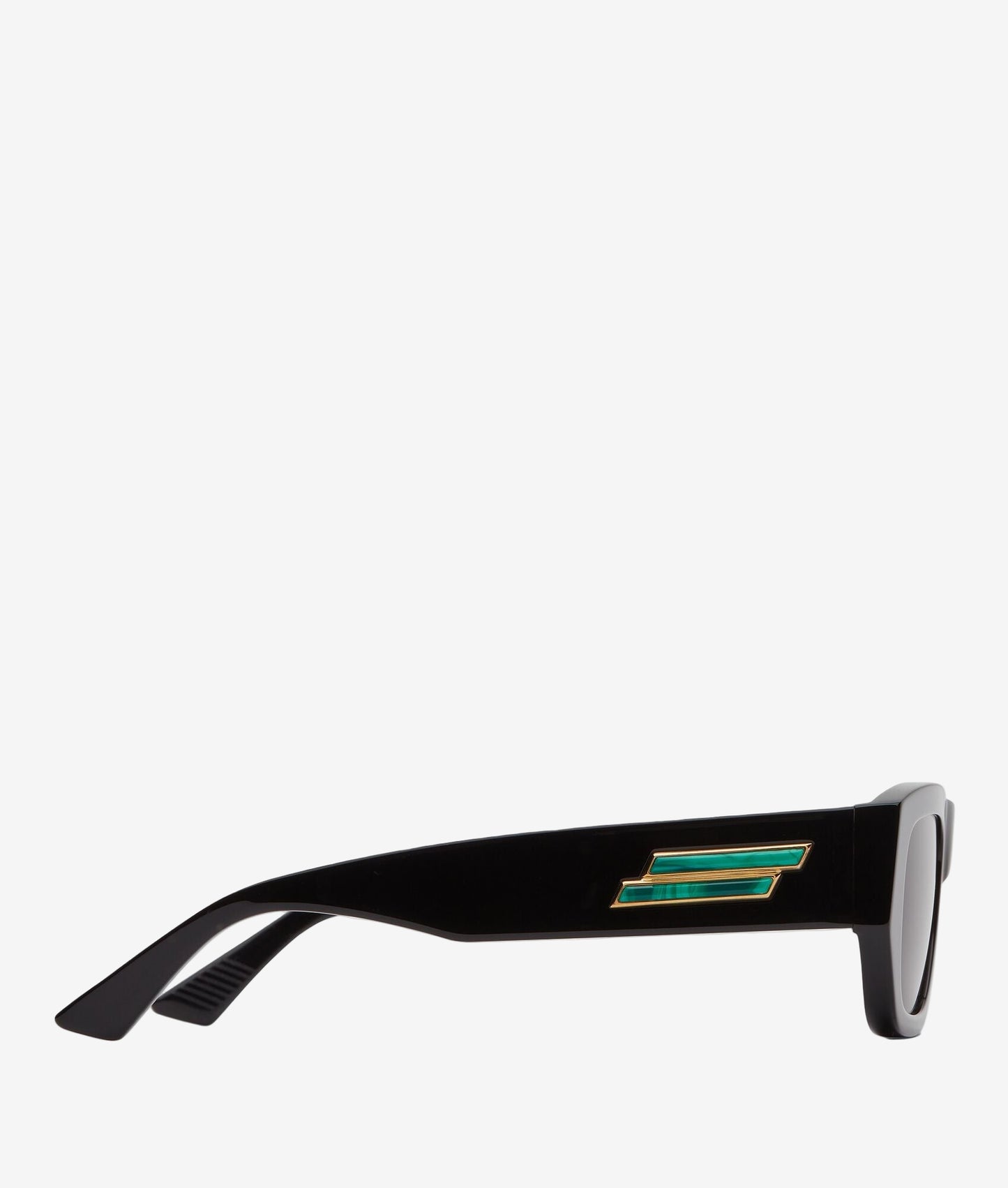 Black sunglasses with a gold and green logo on a white background