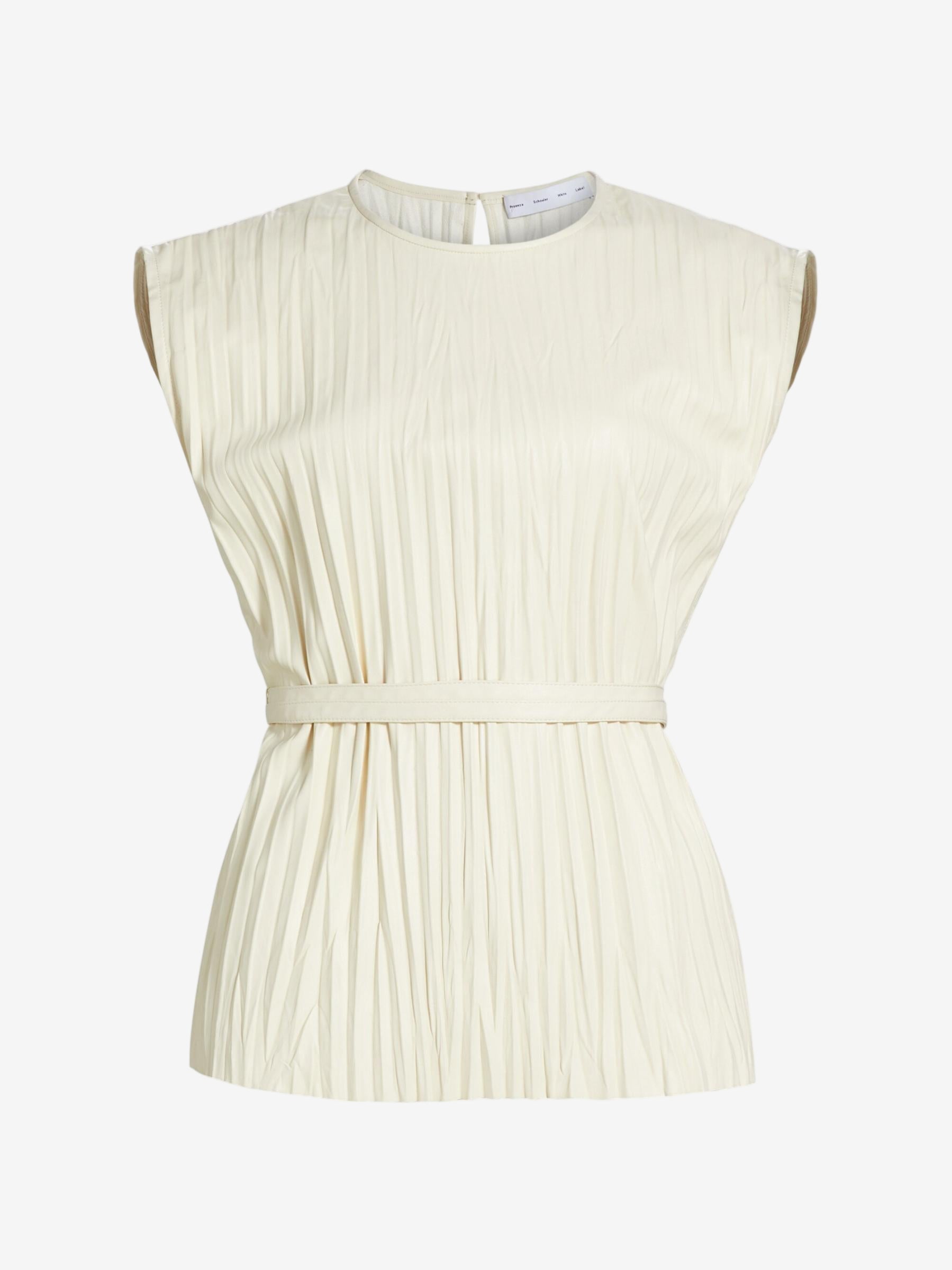White sleeveless pleated top on a white background